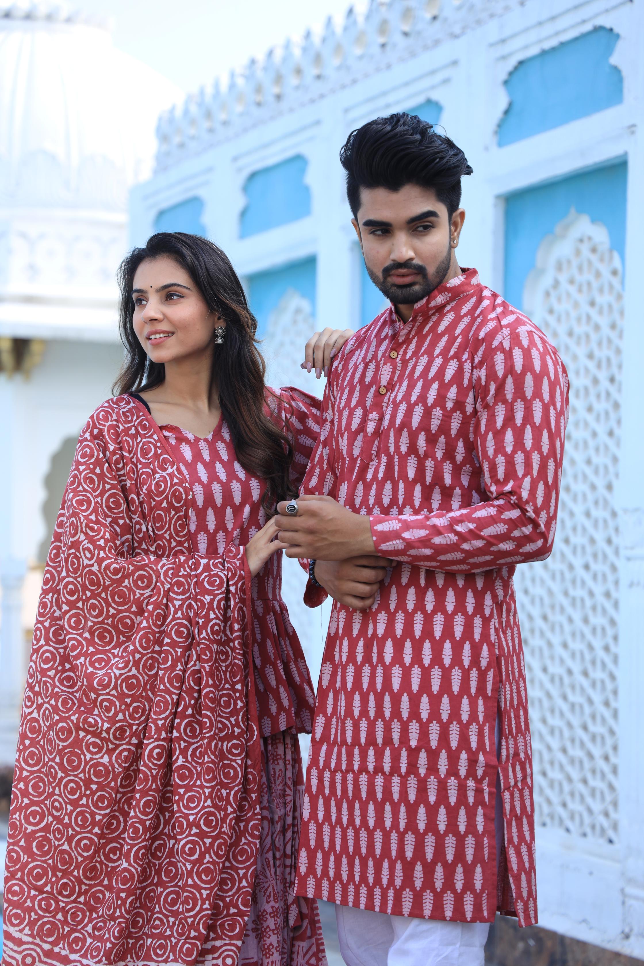 Leaf Block Print Cotton Chaniya Choli & Men's Kurta Set