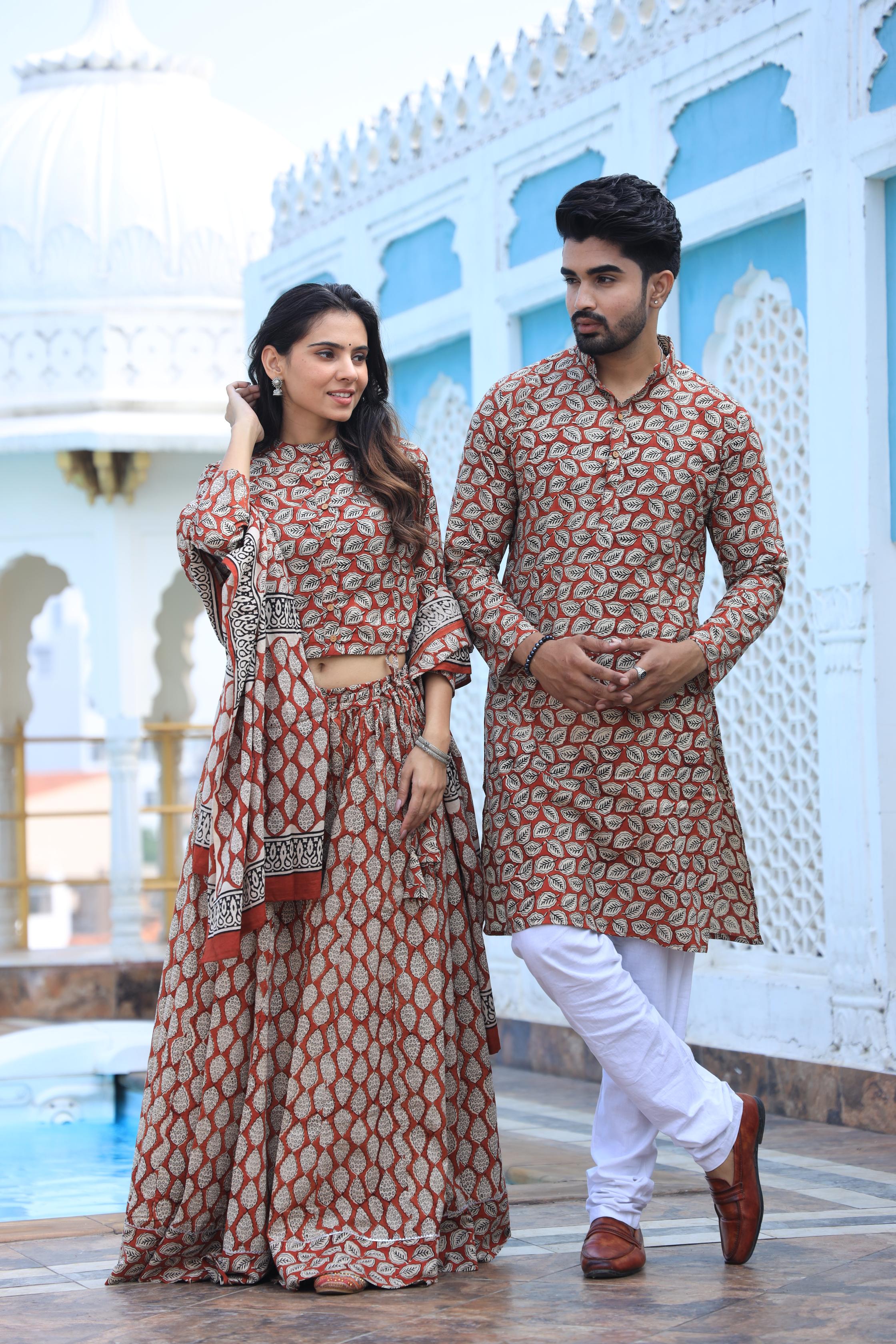 Terracotta Vintage Leaf Cotton Chaniya Choli & Men's Kurta Set