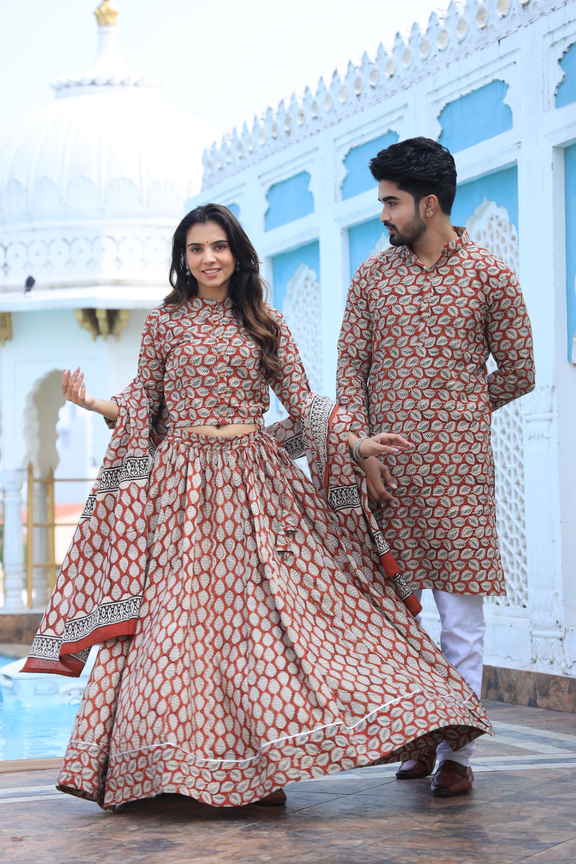 Terracotta Vintage Leaf Cotton Chaniya Choli & Men's Kurta Set
