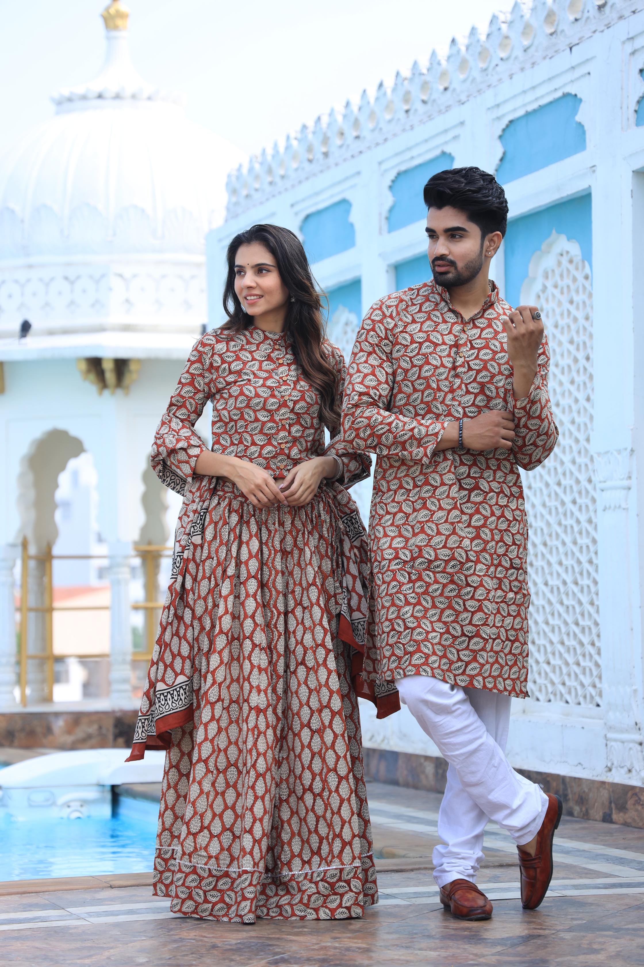 Terracotta Vintage Leaf Cotton Chaniya Choli & Men's Kurta Set