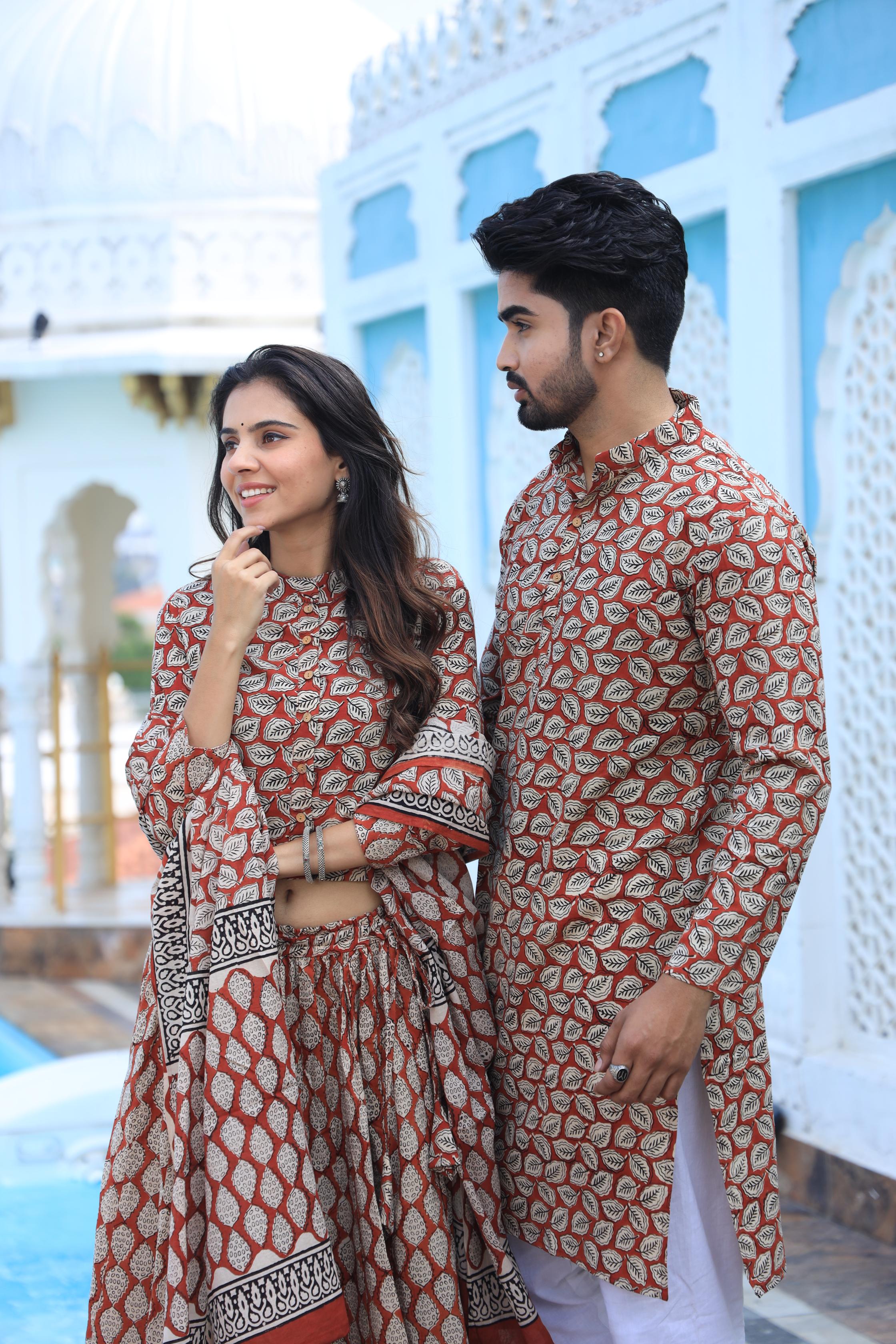 Terracotta Vintage Leaf Cotton Chaniya Choli & Men's Kurta Set