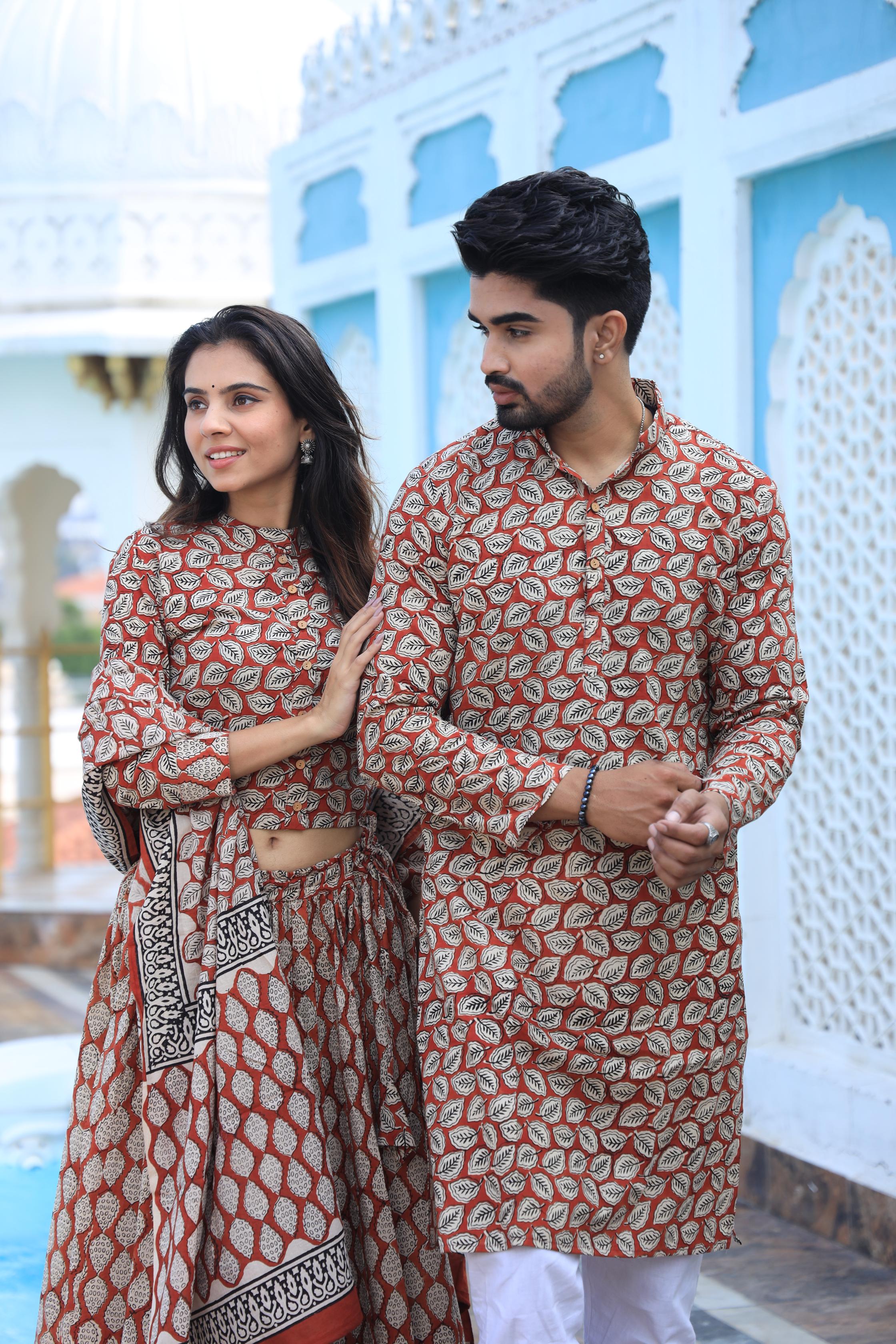 Terracotta Vintage Leaf Cotton Chaniya Choli & Men's Kurta Set