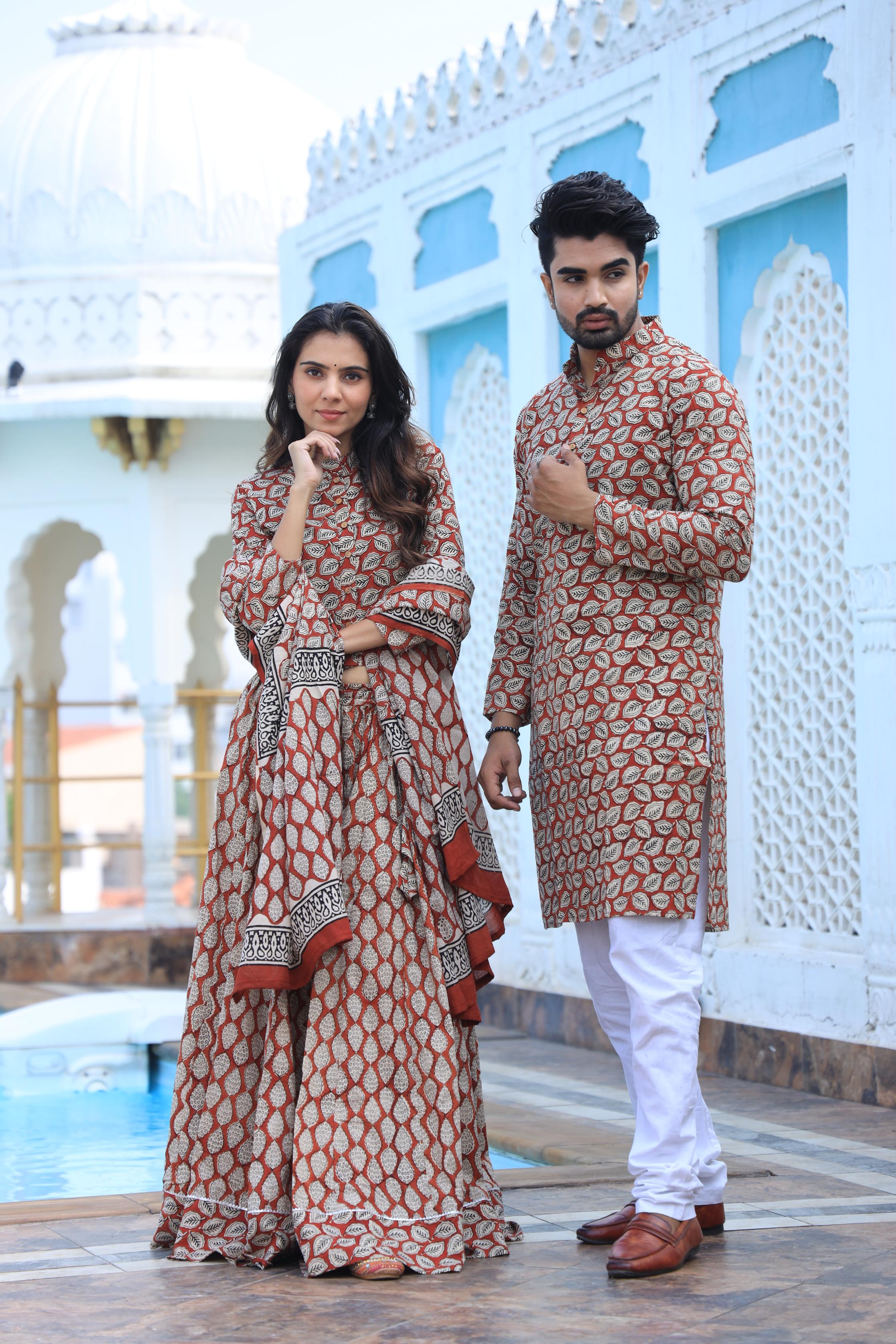 Terracotta Vintage Leaf Cotton Chaniya Choli & Men's Kurta Set