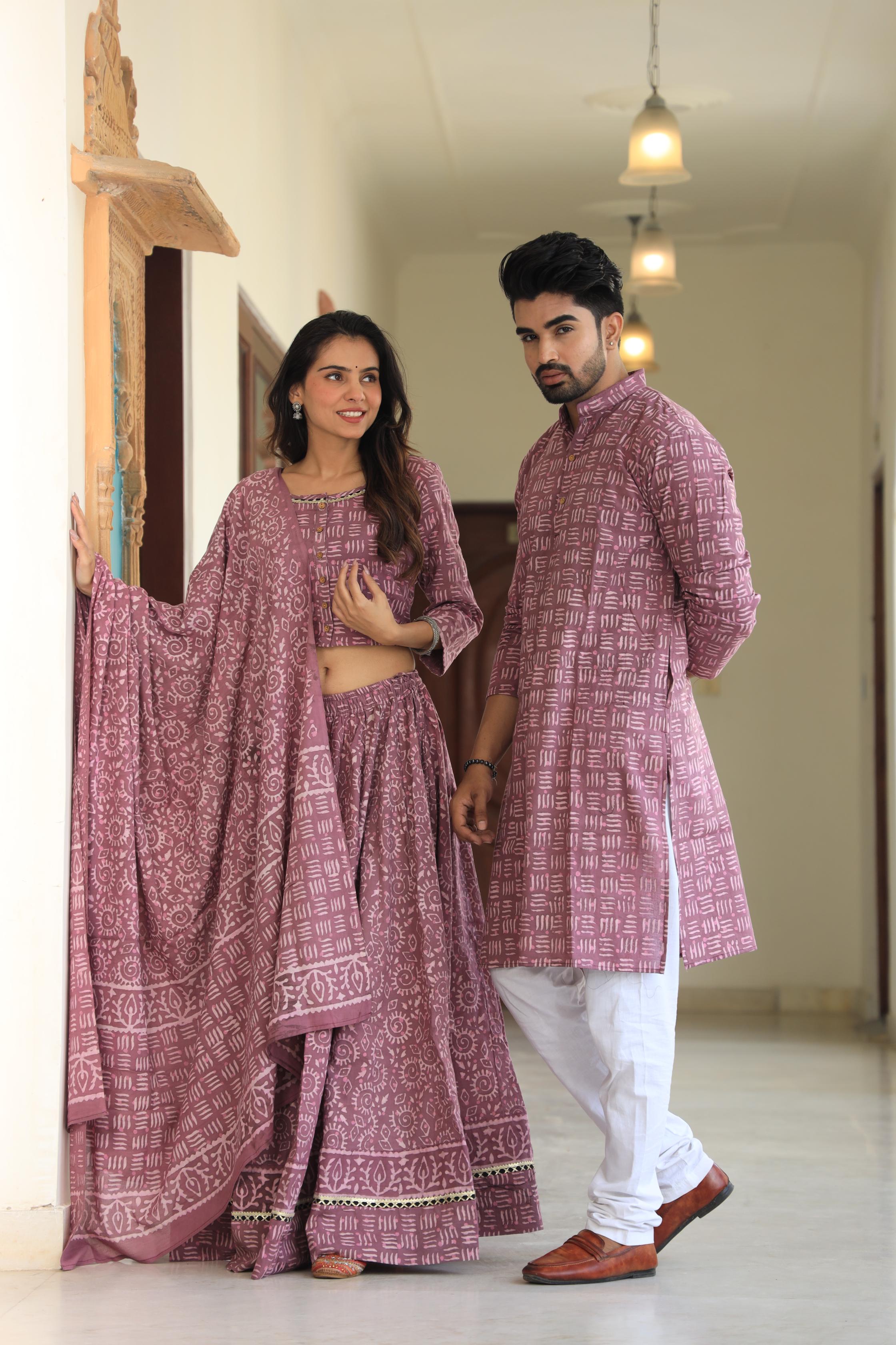 Mauve Geometric Block Print Cotton Chaniya Choli & Men's Kurta Set