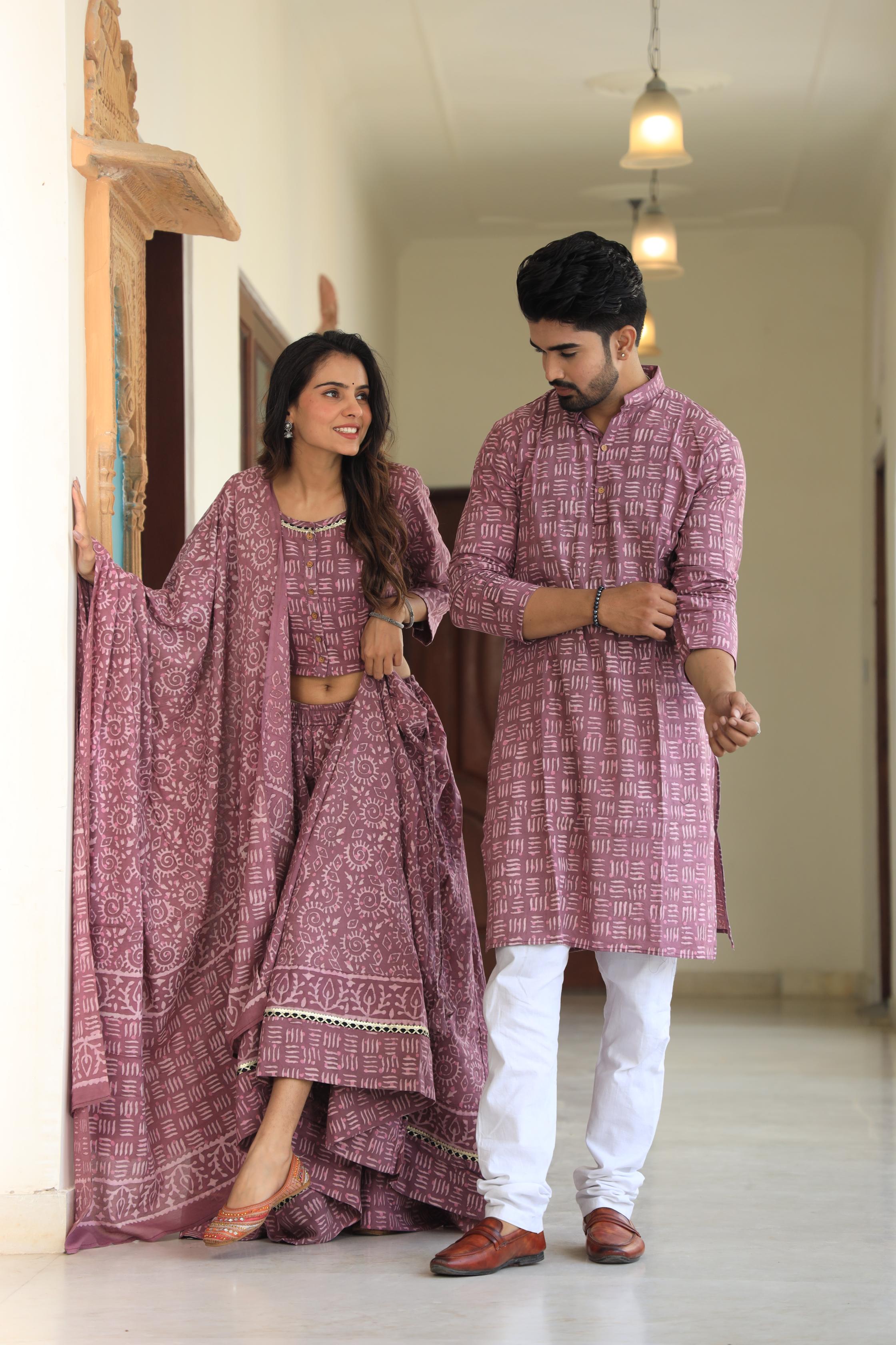 Mauve Geometric Block Print Cotton Chaniya Choli & Men's Kurta Set