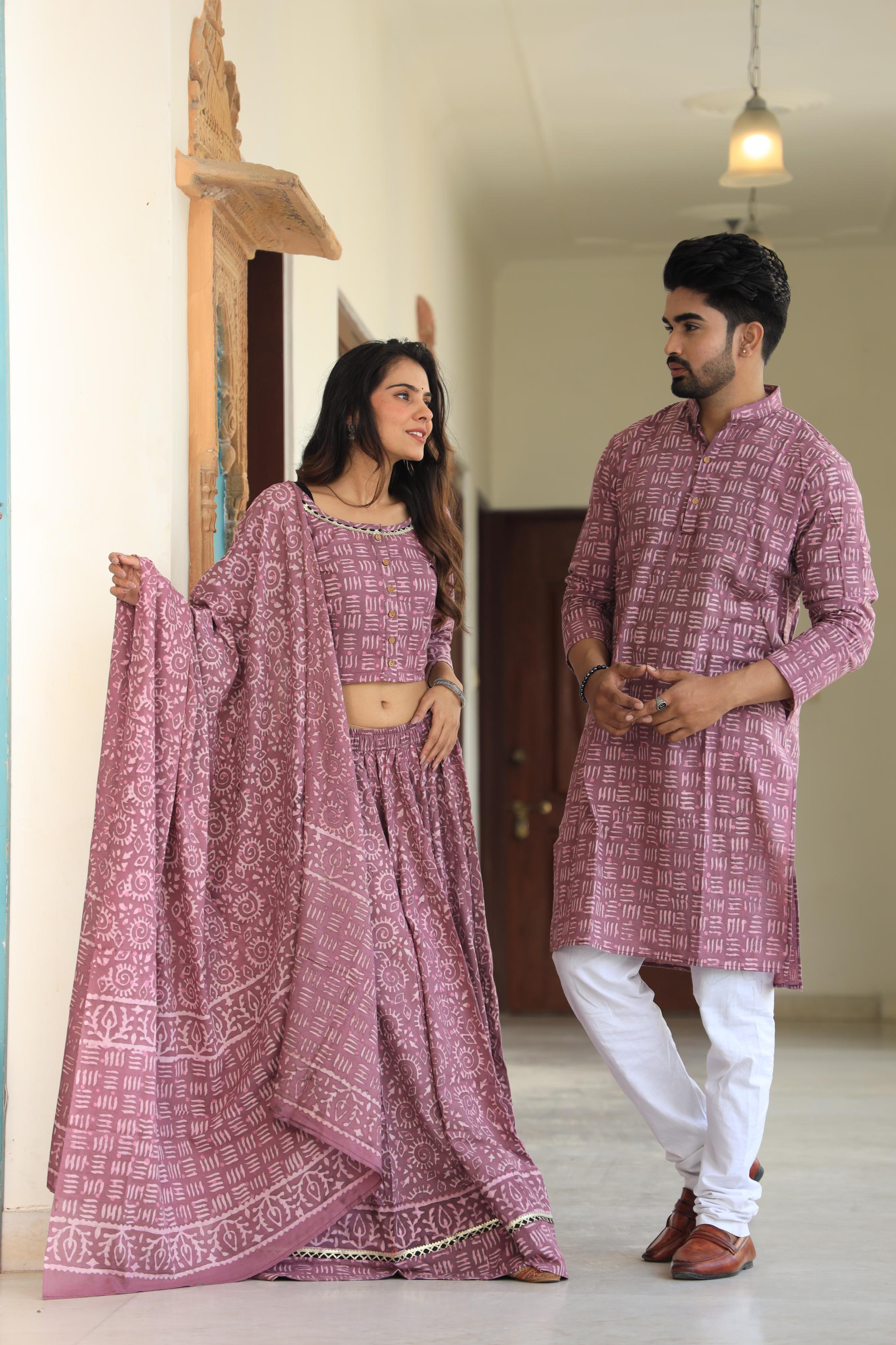 Mauve Geometric Block Print Cotton Chaniya Choli & Men's Kurta Set