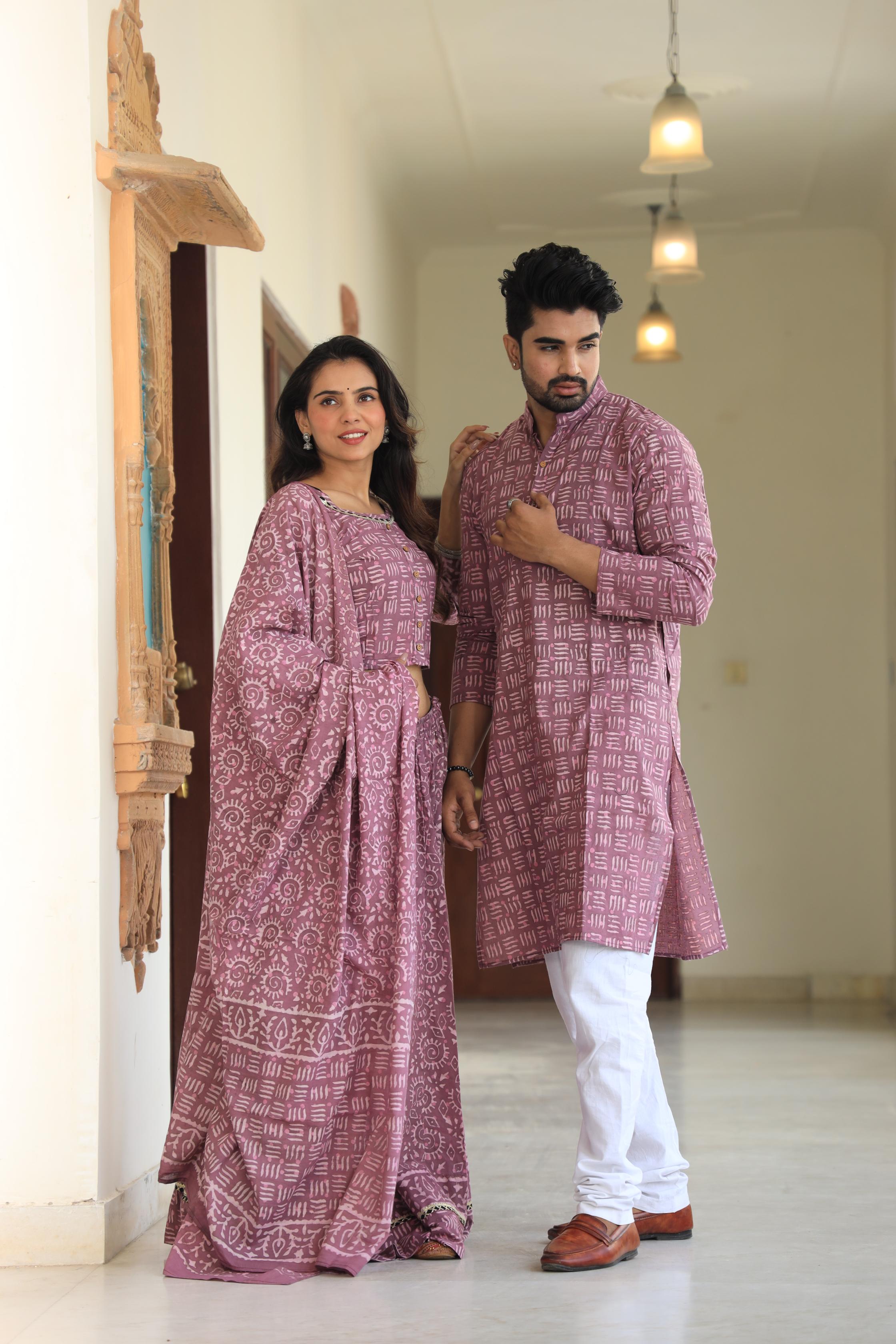 Mauve Geometric Block Print Cotton Chaniya Choli & Men's Kurta Set
