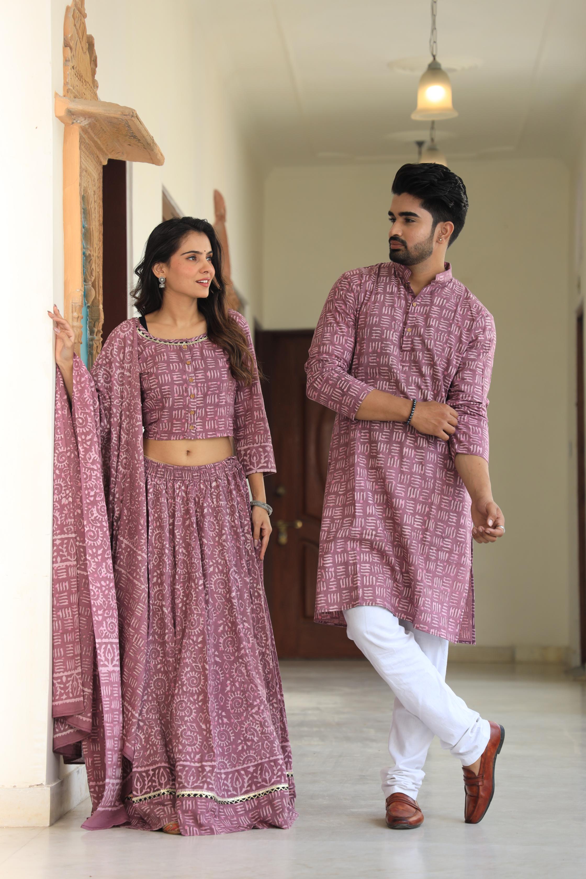 Mauve Geometric Block Print Cotton Chaniya Choli & Men's Kurta Set