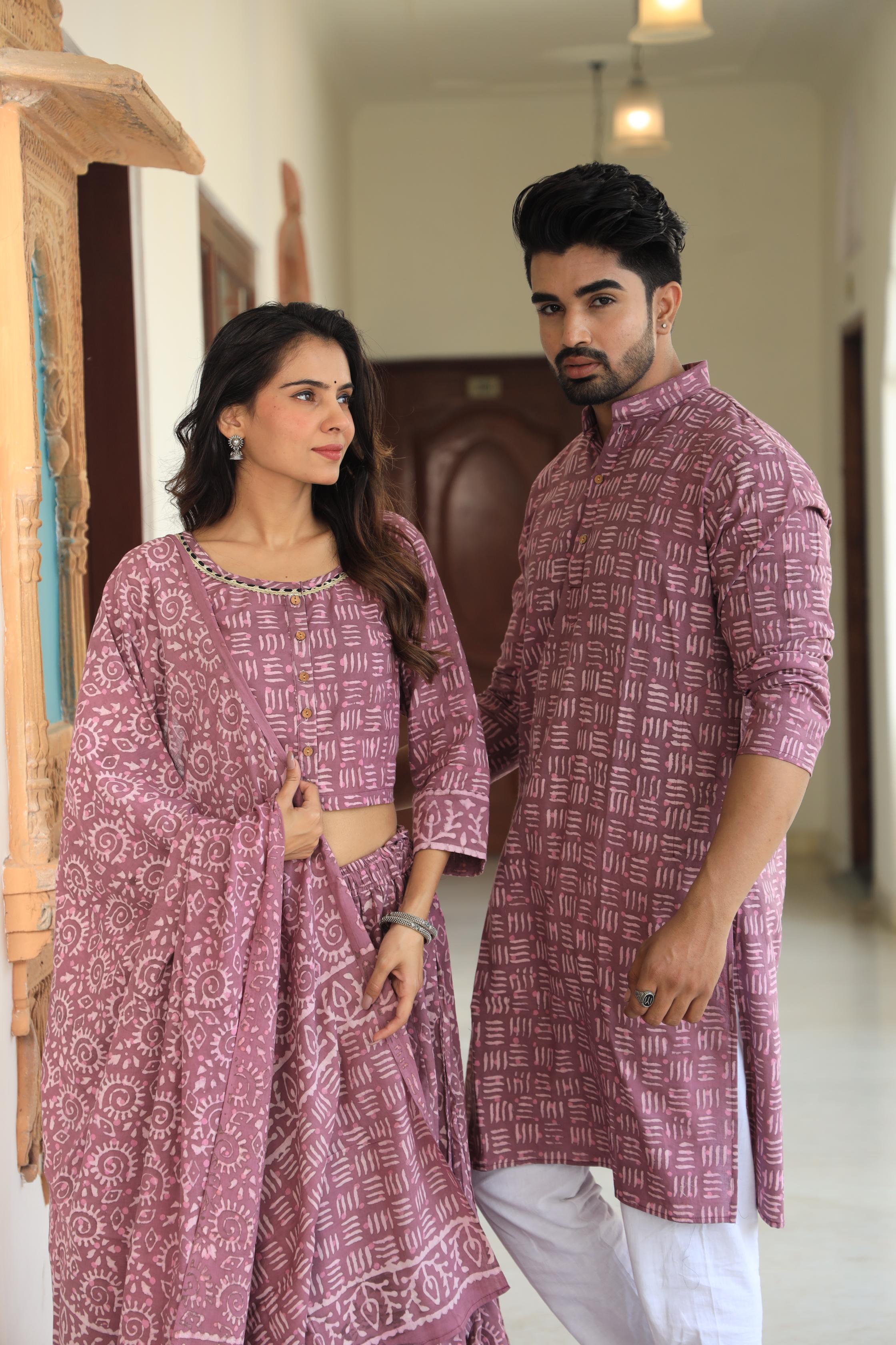 Mauve Geometric Block Print Cotton Chaniya Choli & Men's Kurta Set