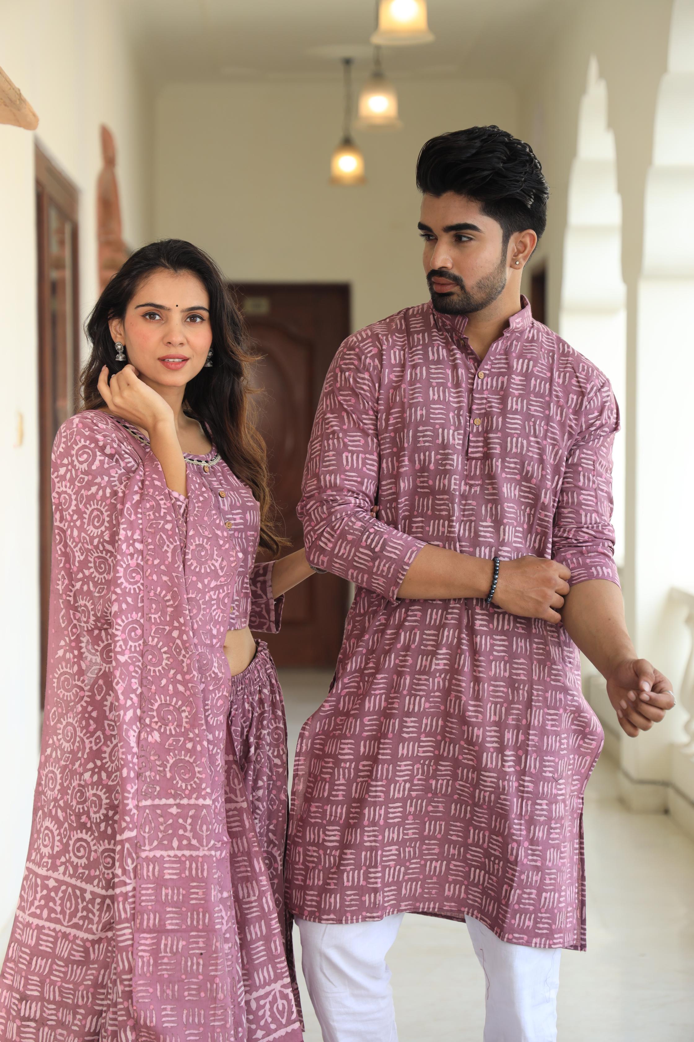 Mauve Geometric Block Print Cotton Chaniya Choli & Men's Kurta Set