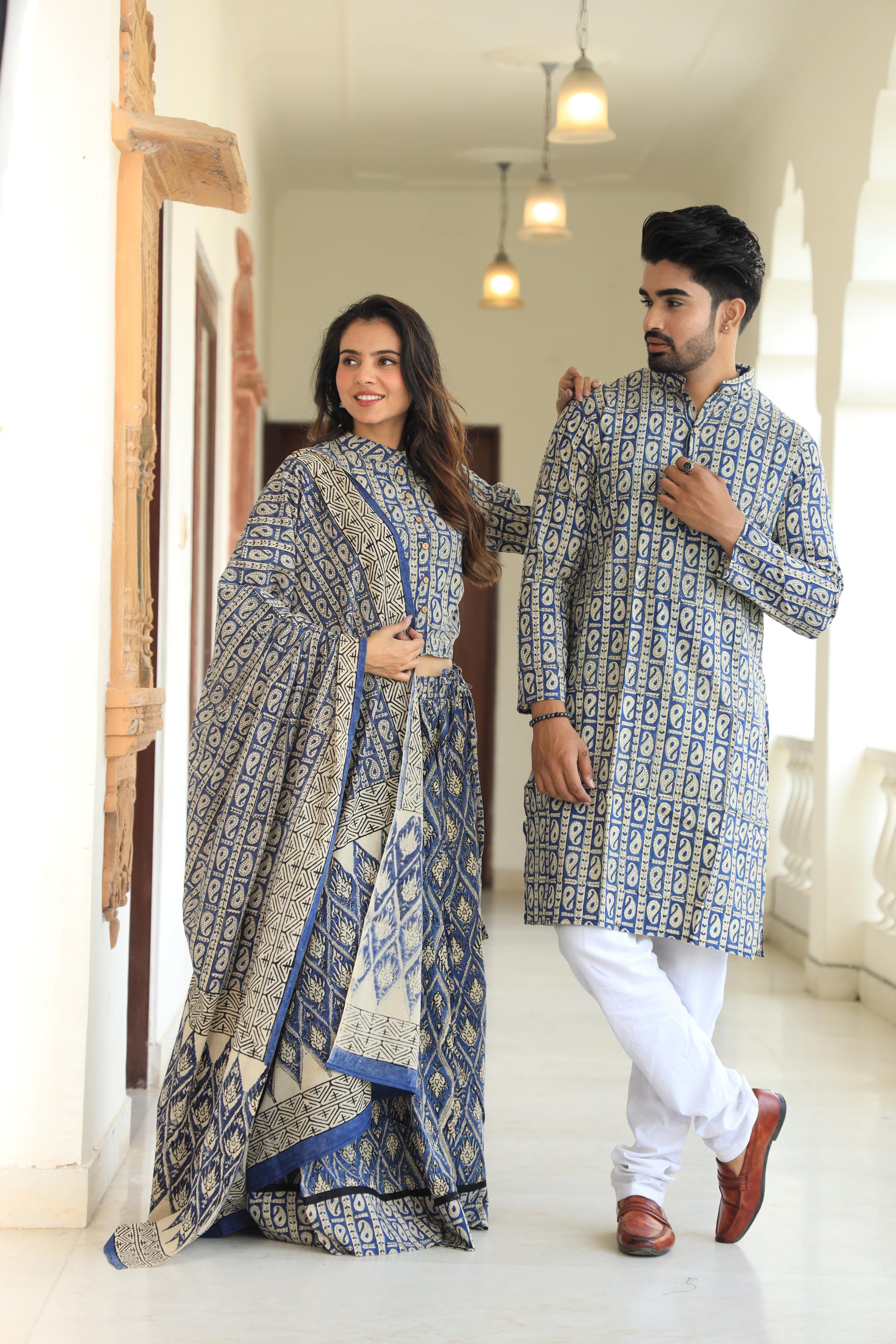 Indigo Paisley Block Print Cotton Chaniya Choli & Men's Kurta Set
