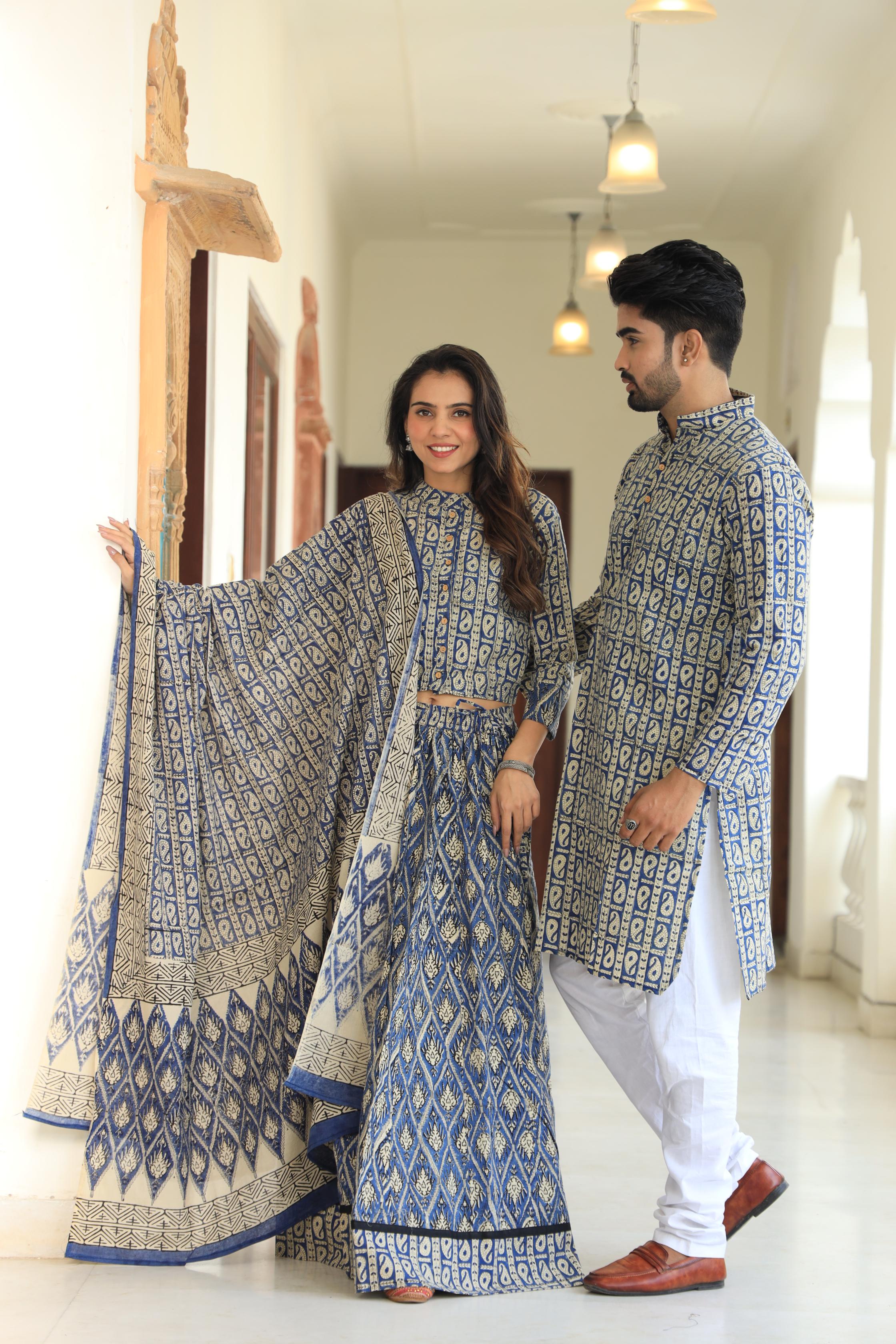 Indigo Paisley Block Print Cotton Chaniya Choli & Men's Kurta Set