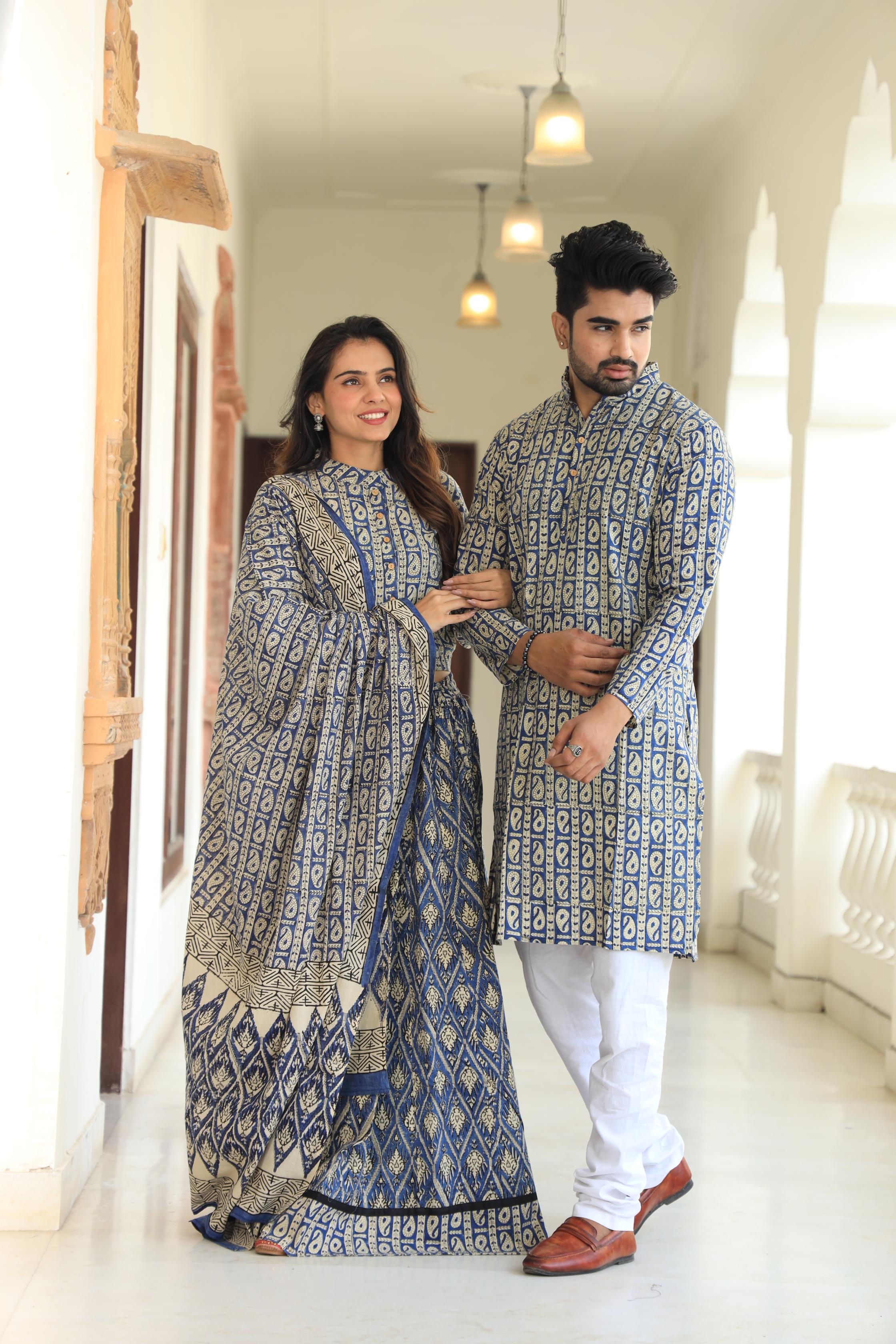 Indigo Paisley Block Print Cotton Chaniya Choli & Men's Kurta Set