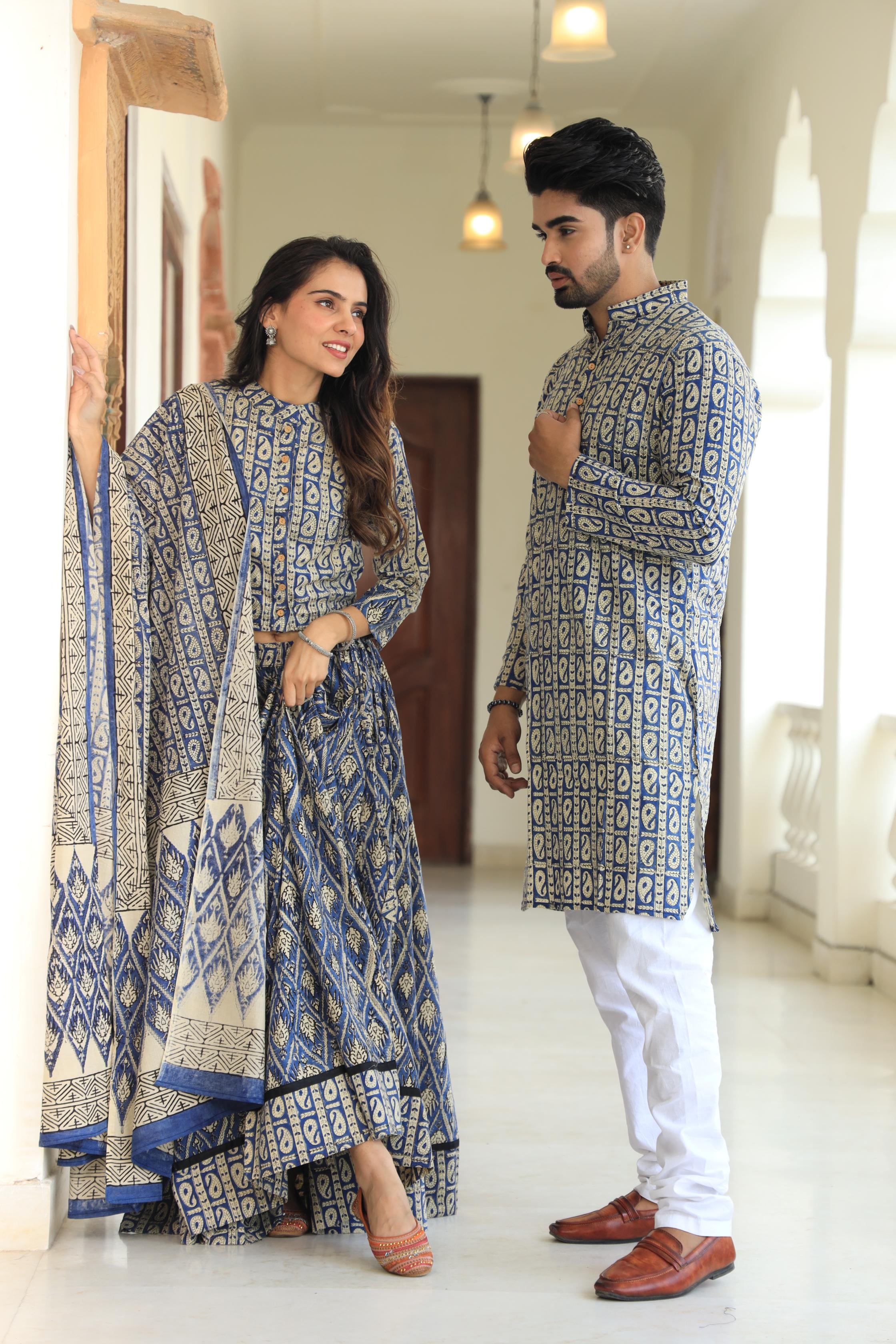 Indigo Paisley Block Print Cotton Chaniya Choli & Men's Kurta Set