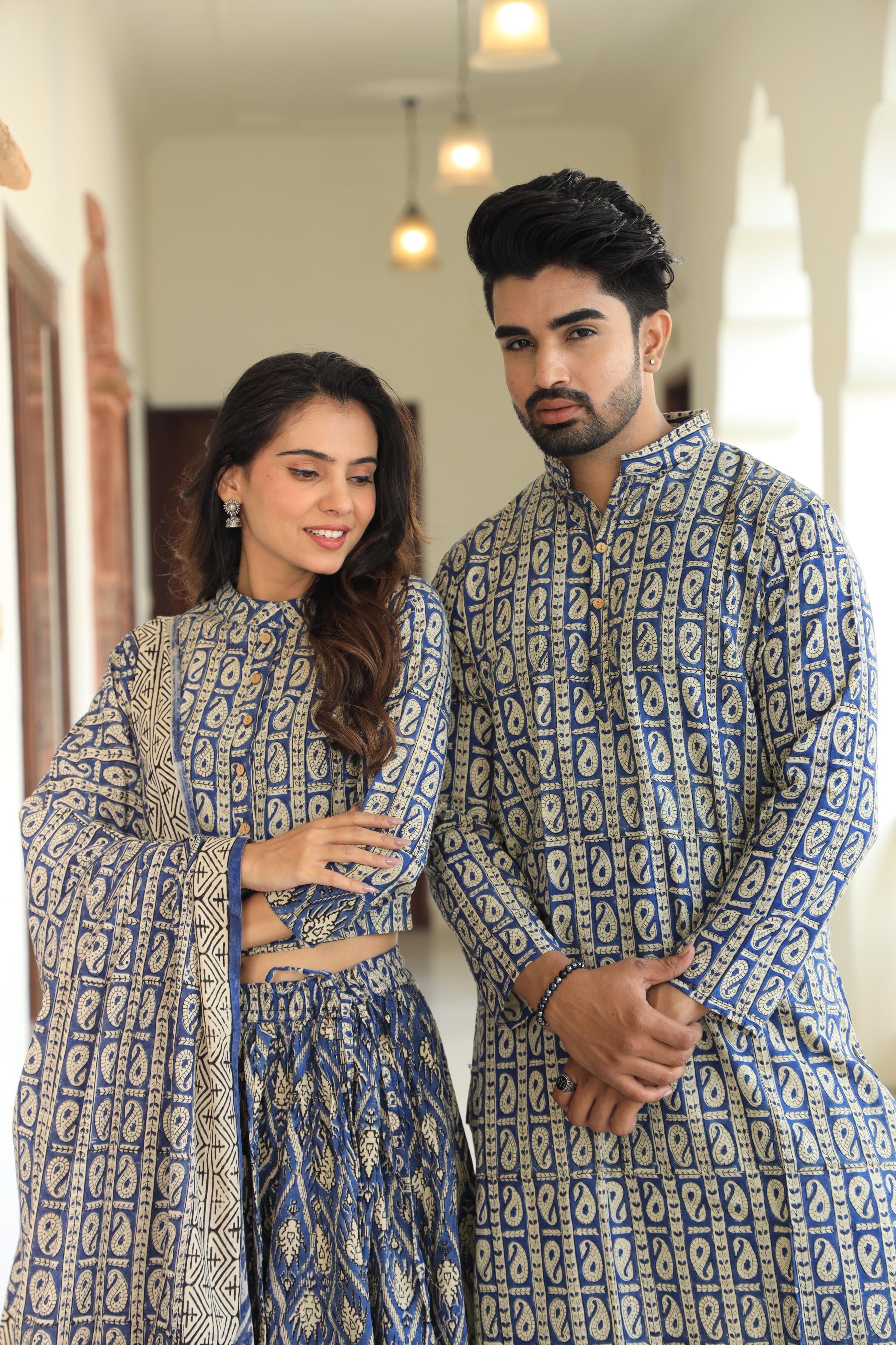 Indigo Paisley Block Print Cotton Chaniya Choli & Men's Kurta Set