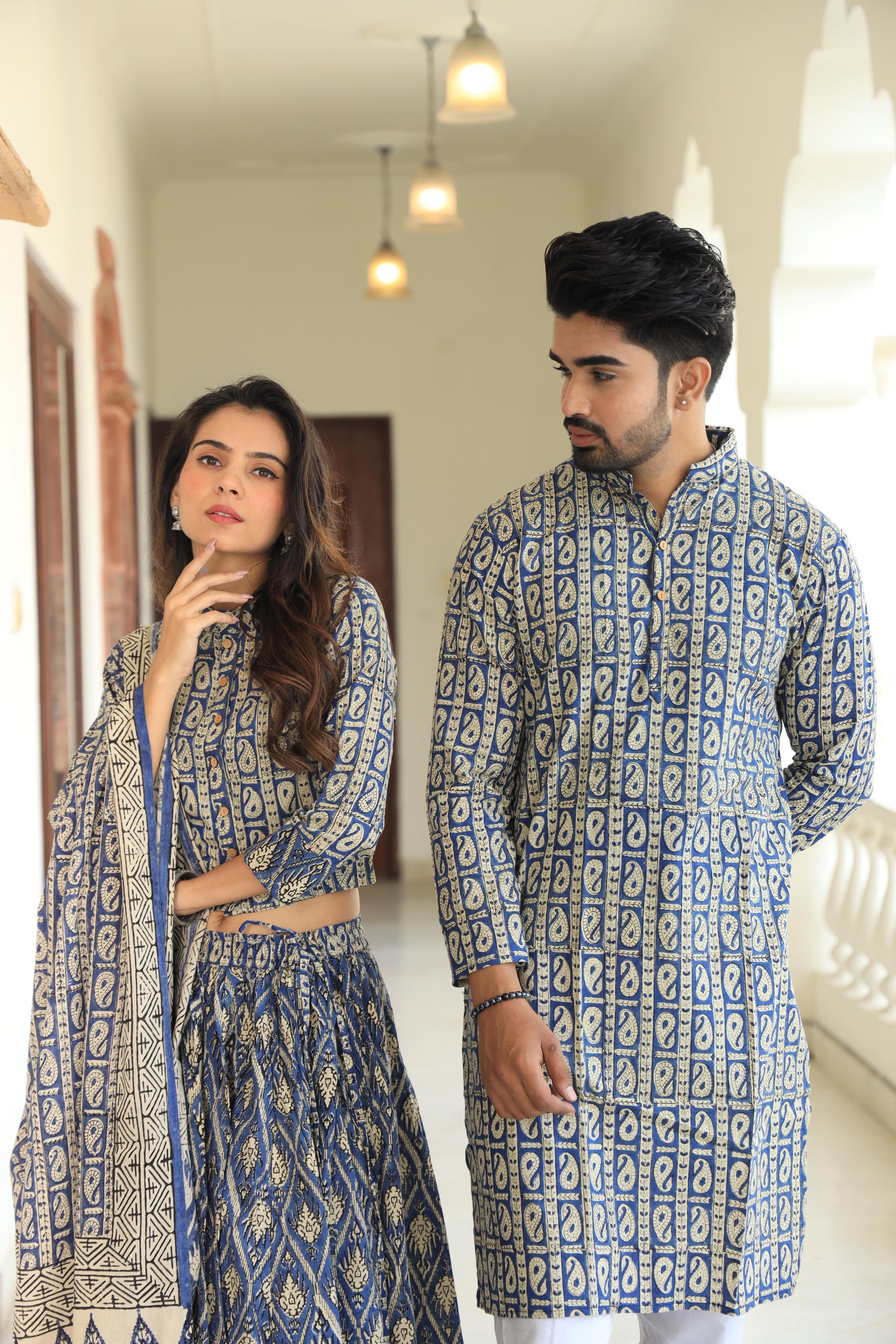 Indigo Paisley Block Print Cotton Chaniya Choli & Men's Kurta Set