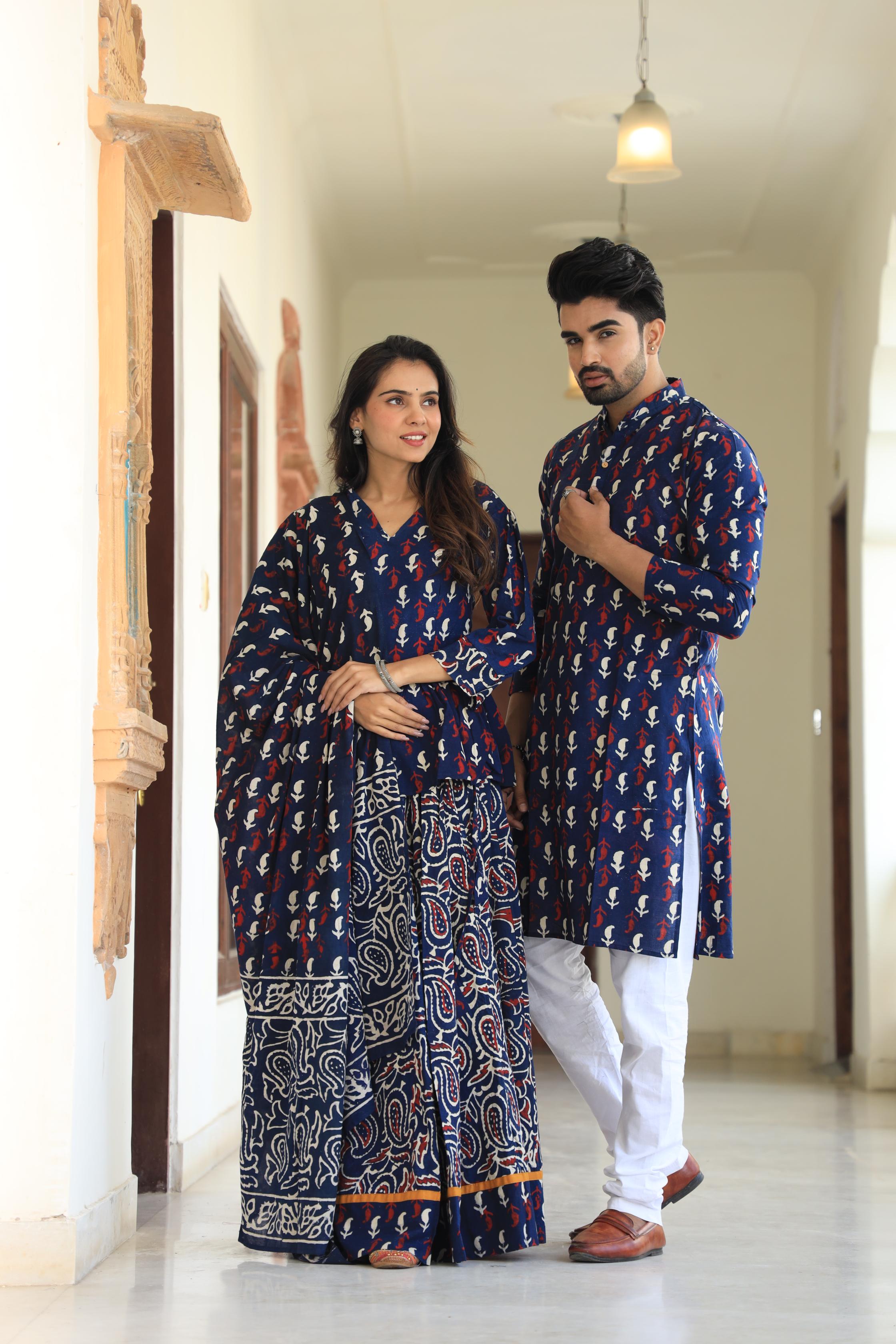 Indigo Bloom Floral Block Print Cotton Chaniya Choli & Men's Kurta Set