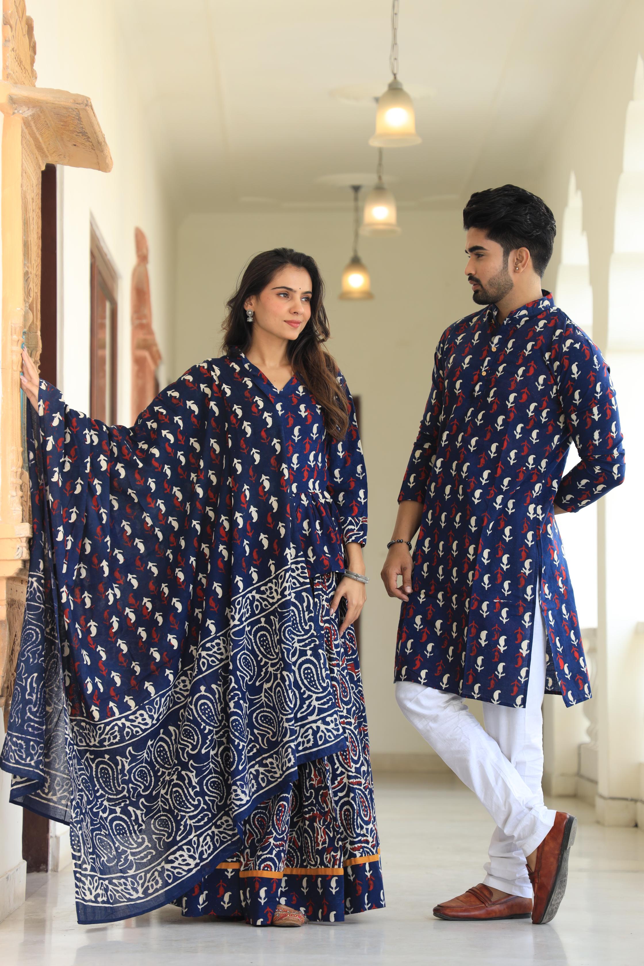 Indigo Bloom Floral Block Print Cotton Chaniya Choli & Men's Kurta Set