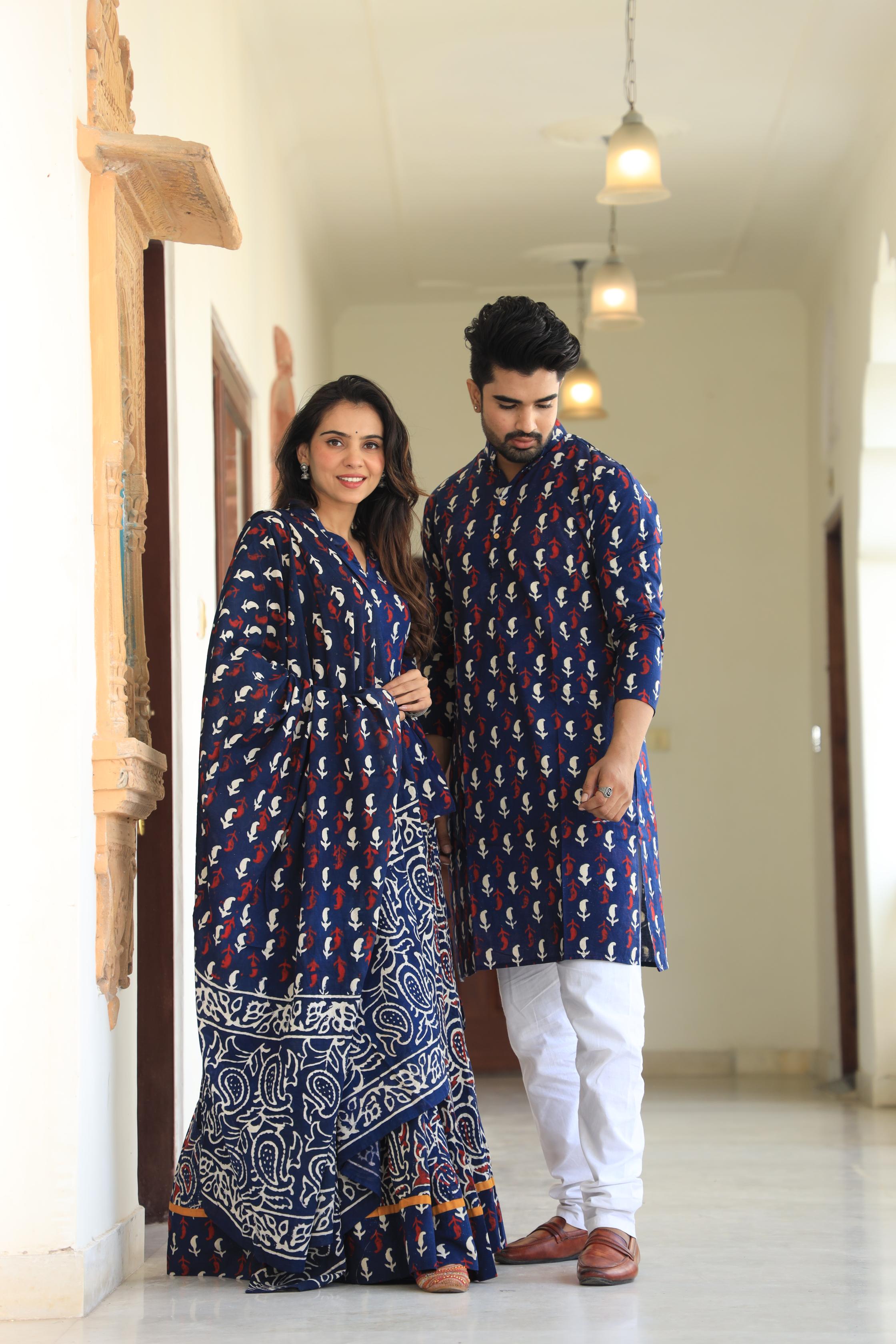 Indigo Bloom Floral Block Print Cotton Chaniya Choli & Men's Kurta Set