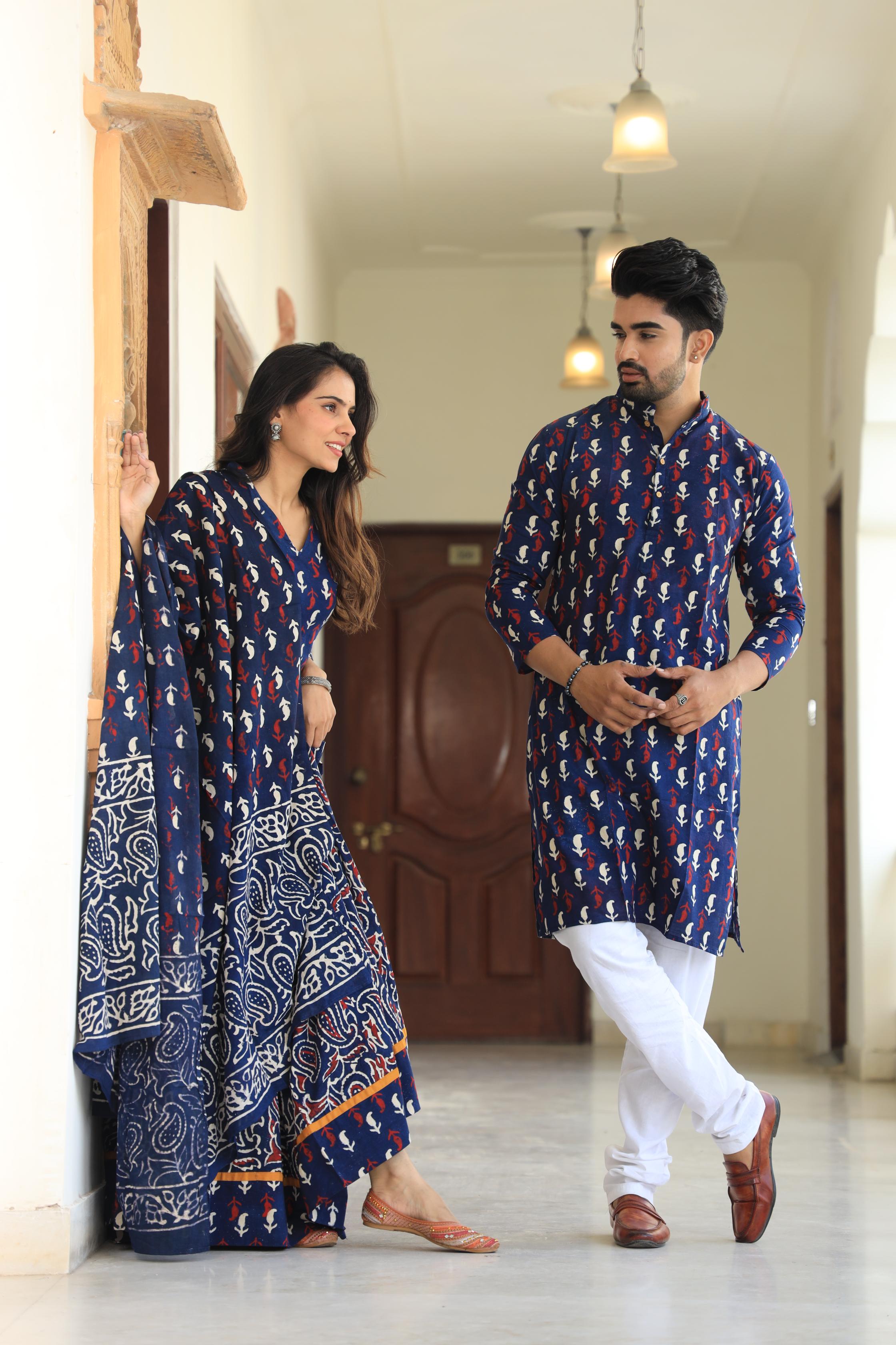 Indigo Bloom Floral Block Print Cotton Chaniya Choli & Men's Kurta Set