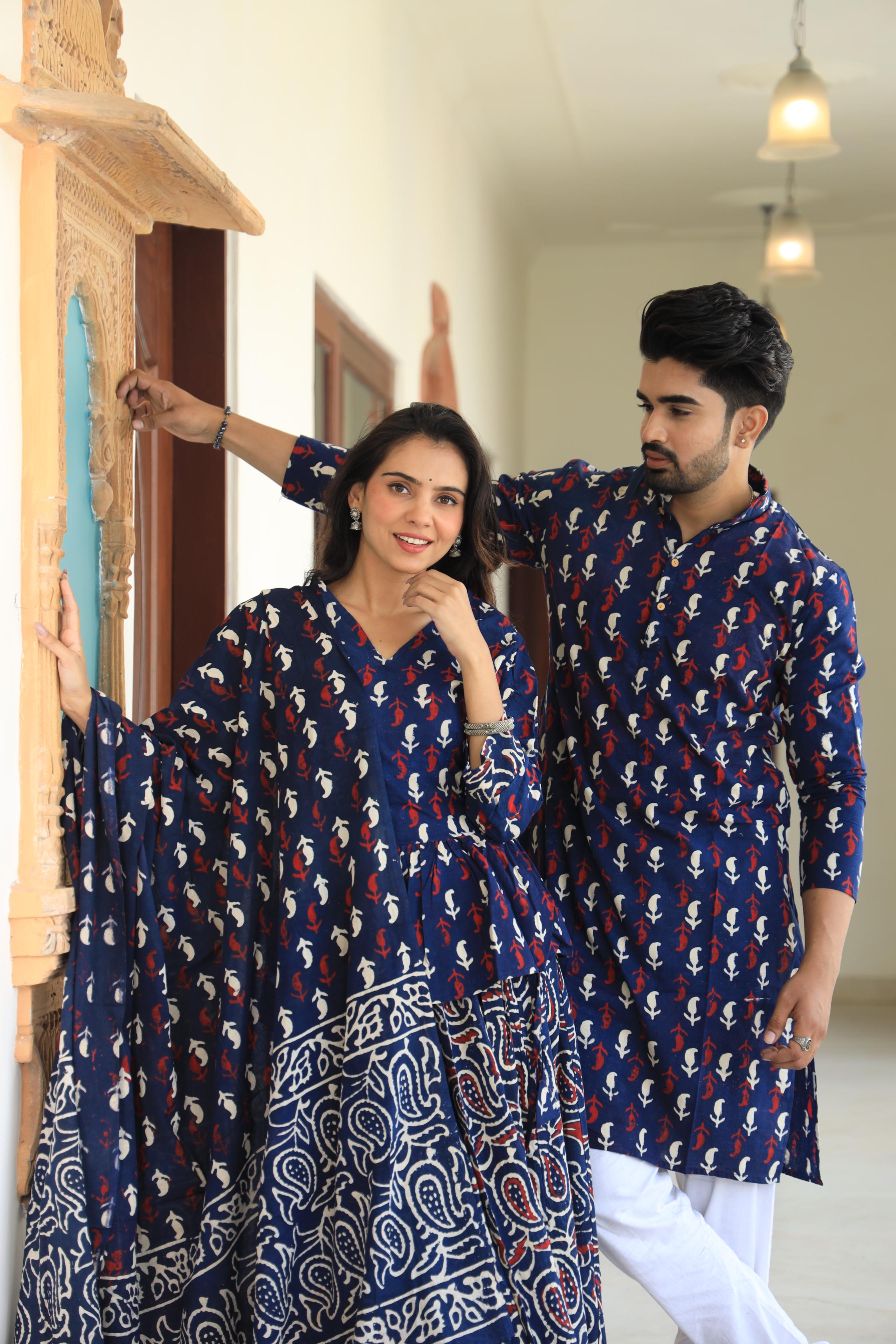 Indigo Bloom Floral Block Print Cotton Chaniya Choli & Men's Kurta Set