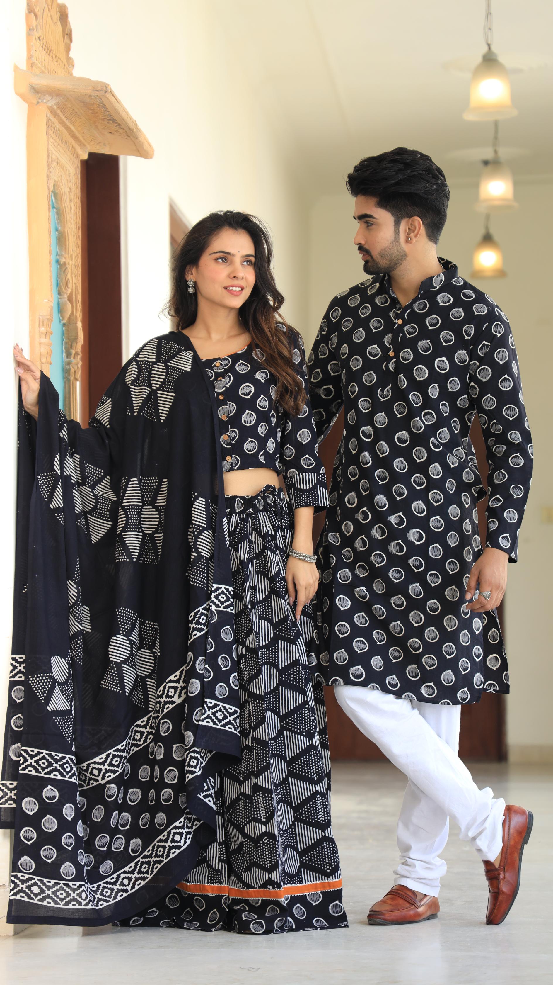 Onyx Geometric Cotton Chaniya Choli & Men’s Kurta Set