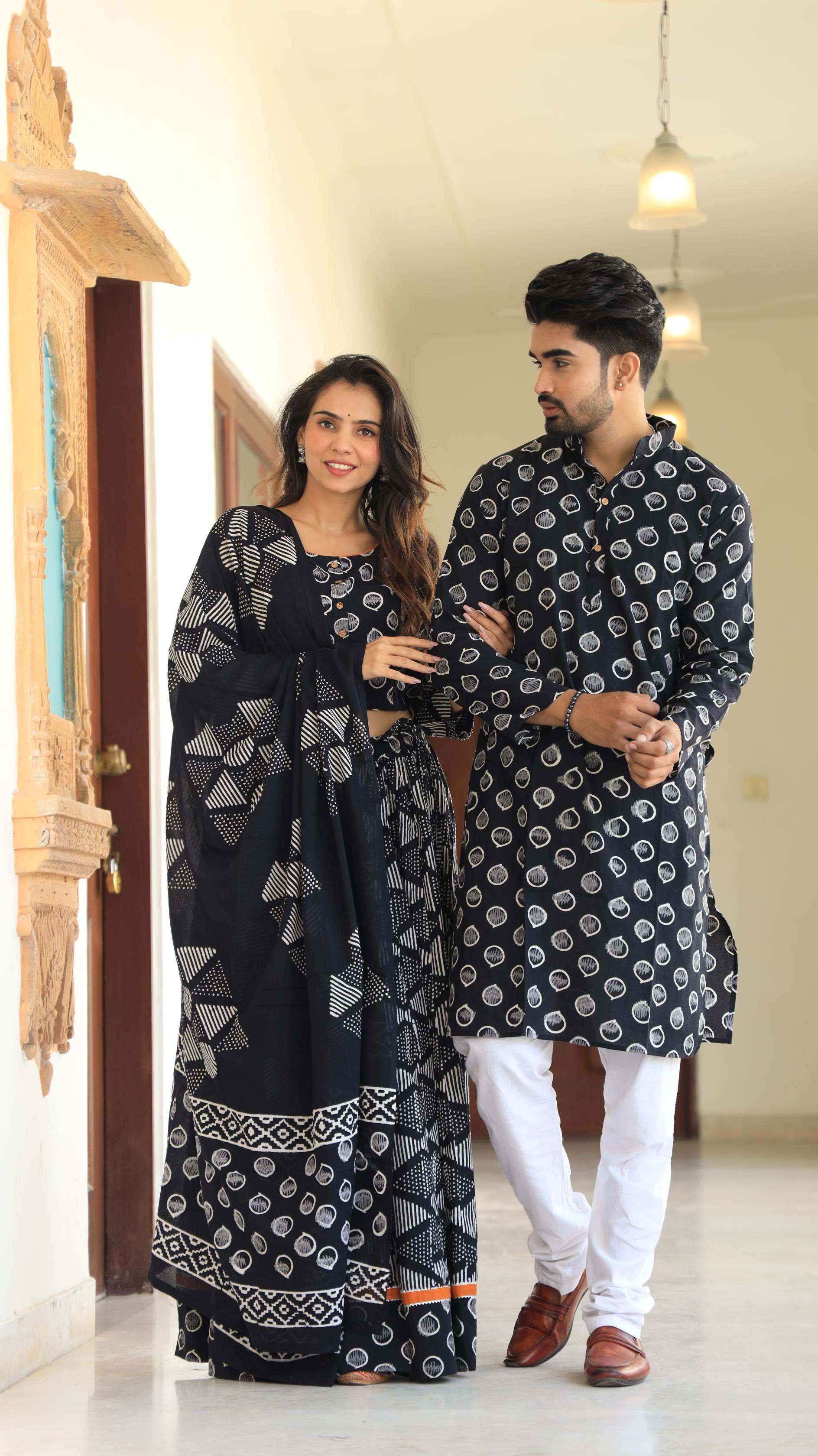 Onyx Geometric Cotton Chaniya Choli & Men’s Kurta Set