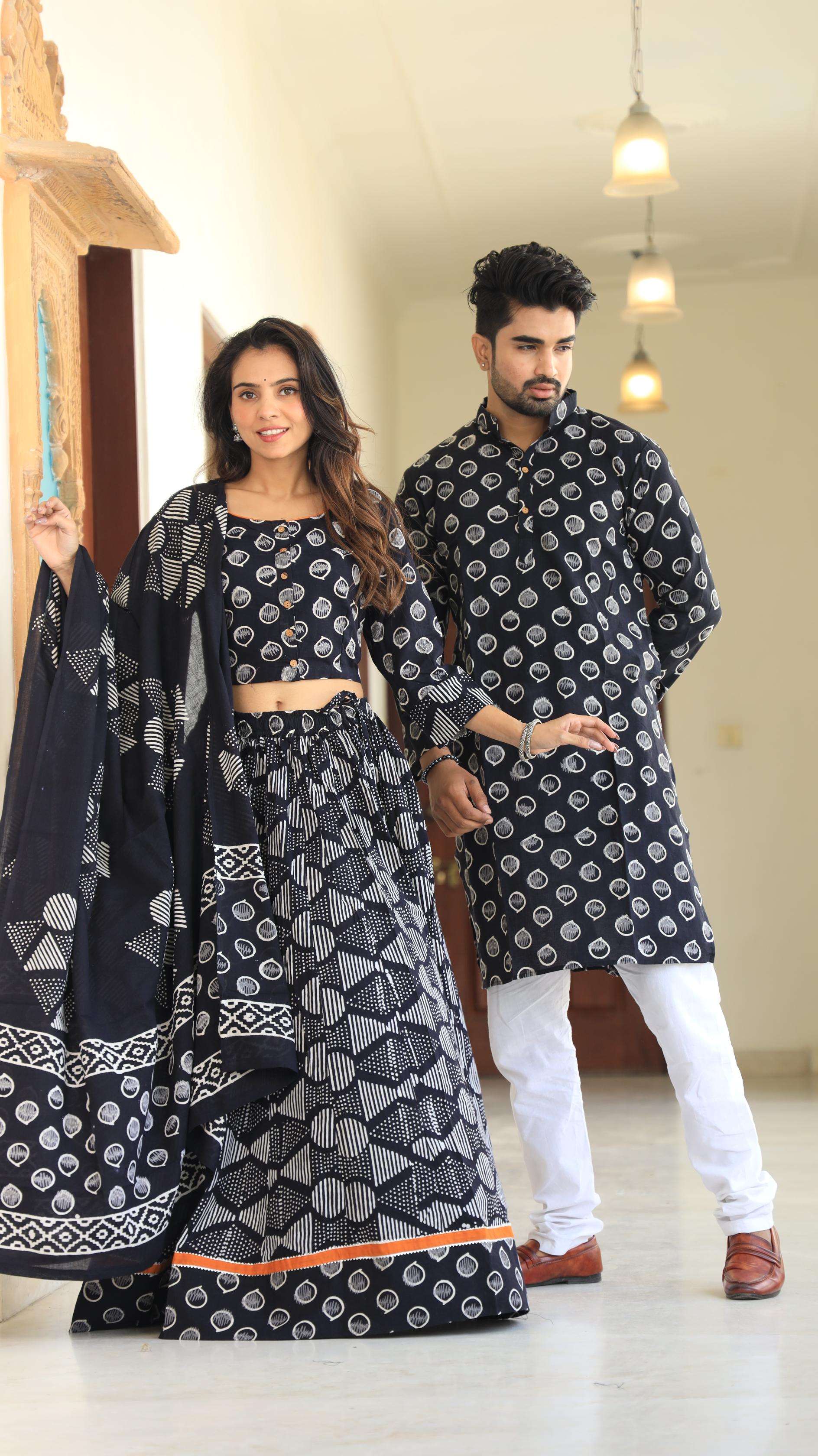 Onyx Geometric Cotton Chaniya Choli & Men’s Kurta Set