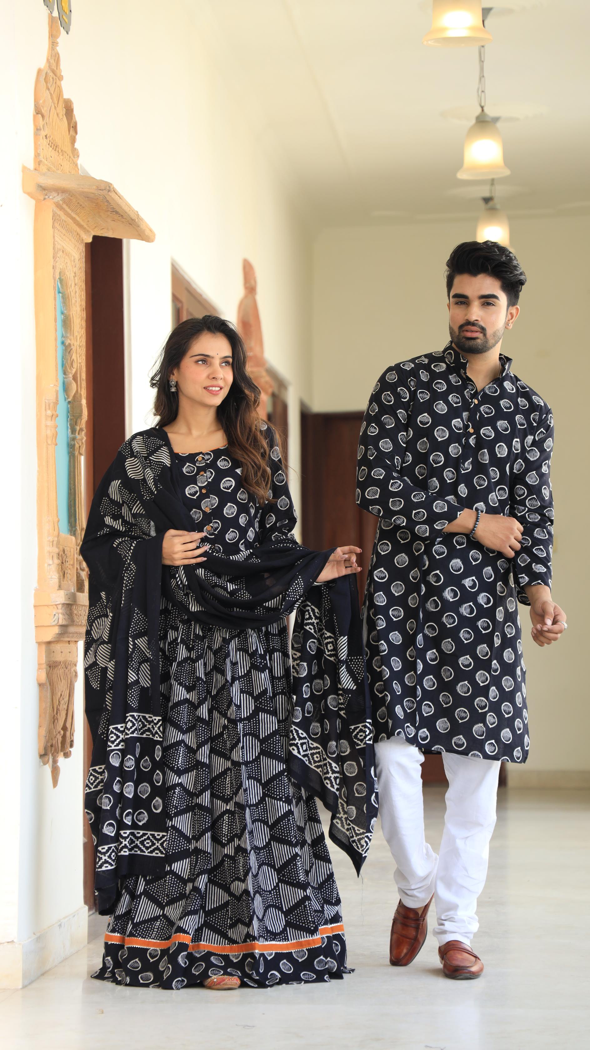 Onyx Geometric Cotton Chaniya Choli & Men’s Kurta Set