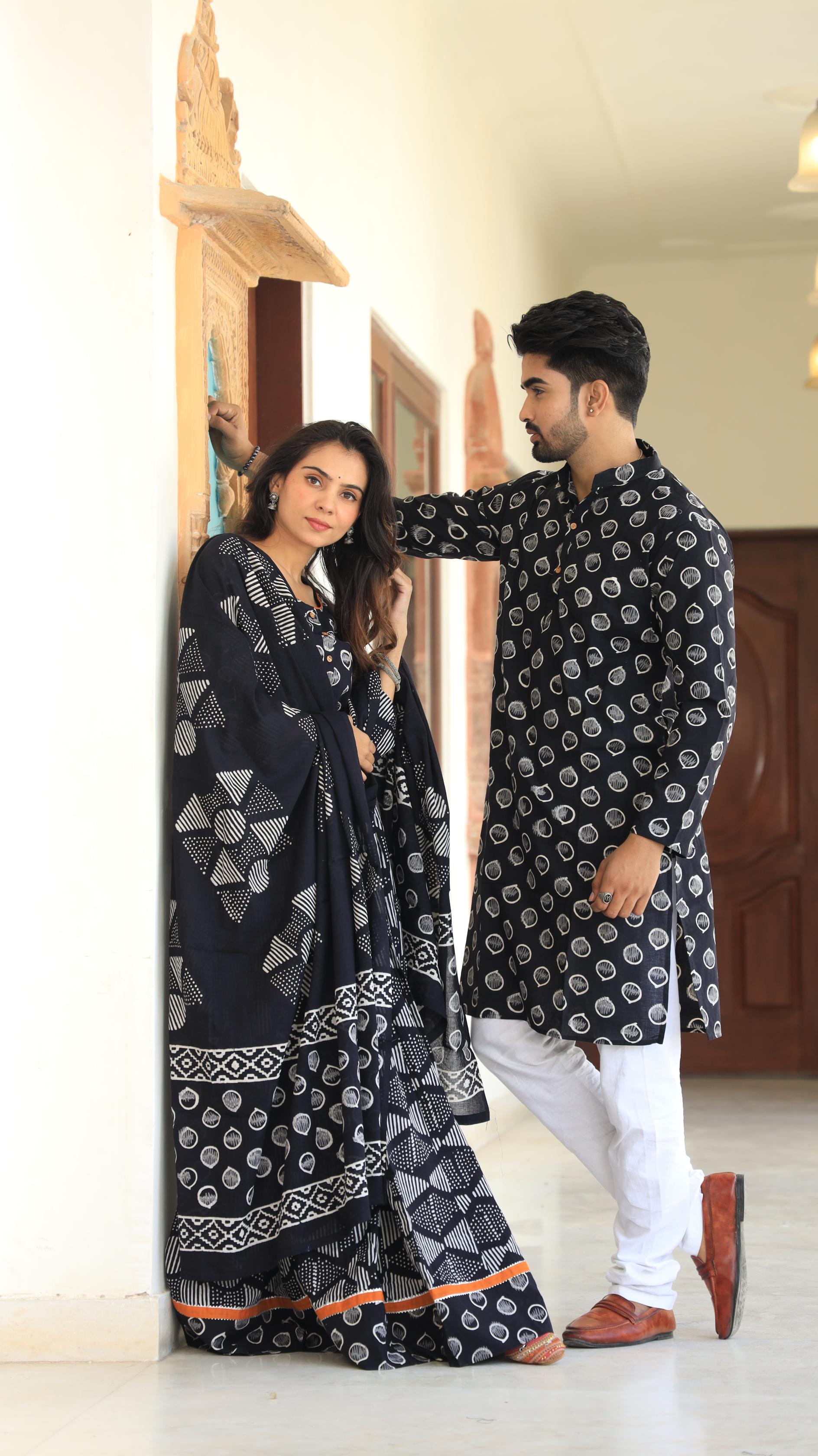 Onyx Geometric Cotton Chaniya Choli & Men’s Kurta Set