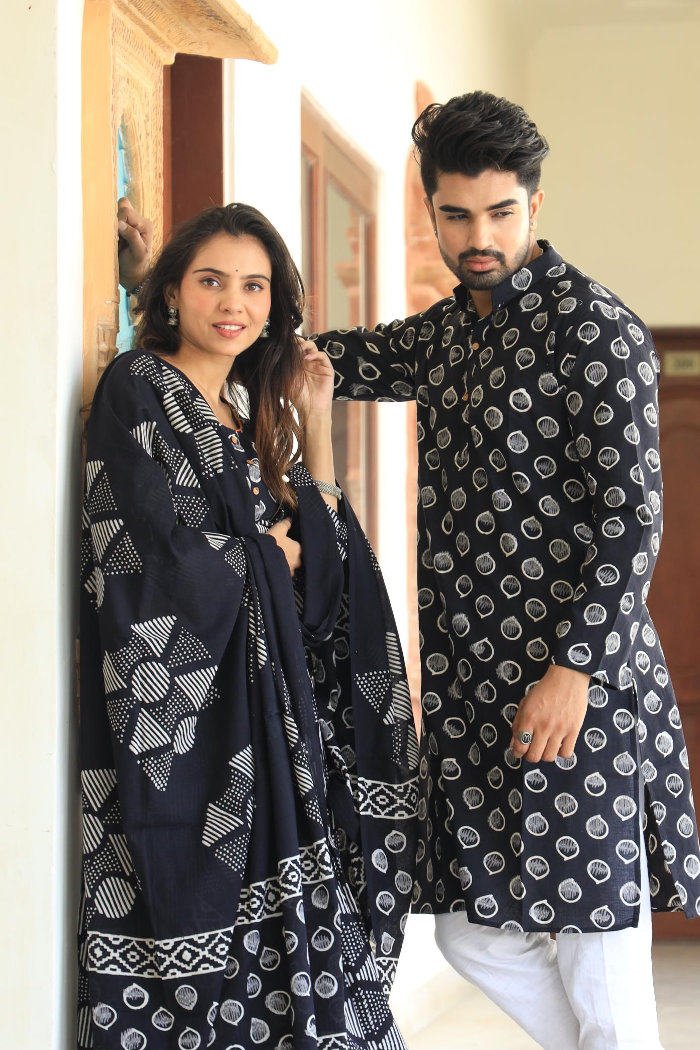 Onyx Geometric Cotton Chaniya Choli & Men’s Kurta Set