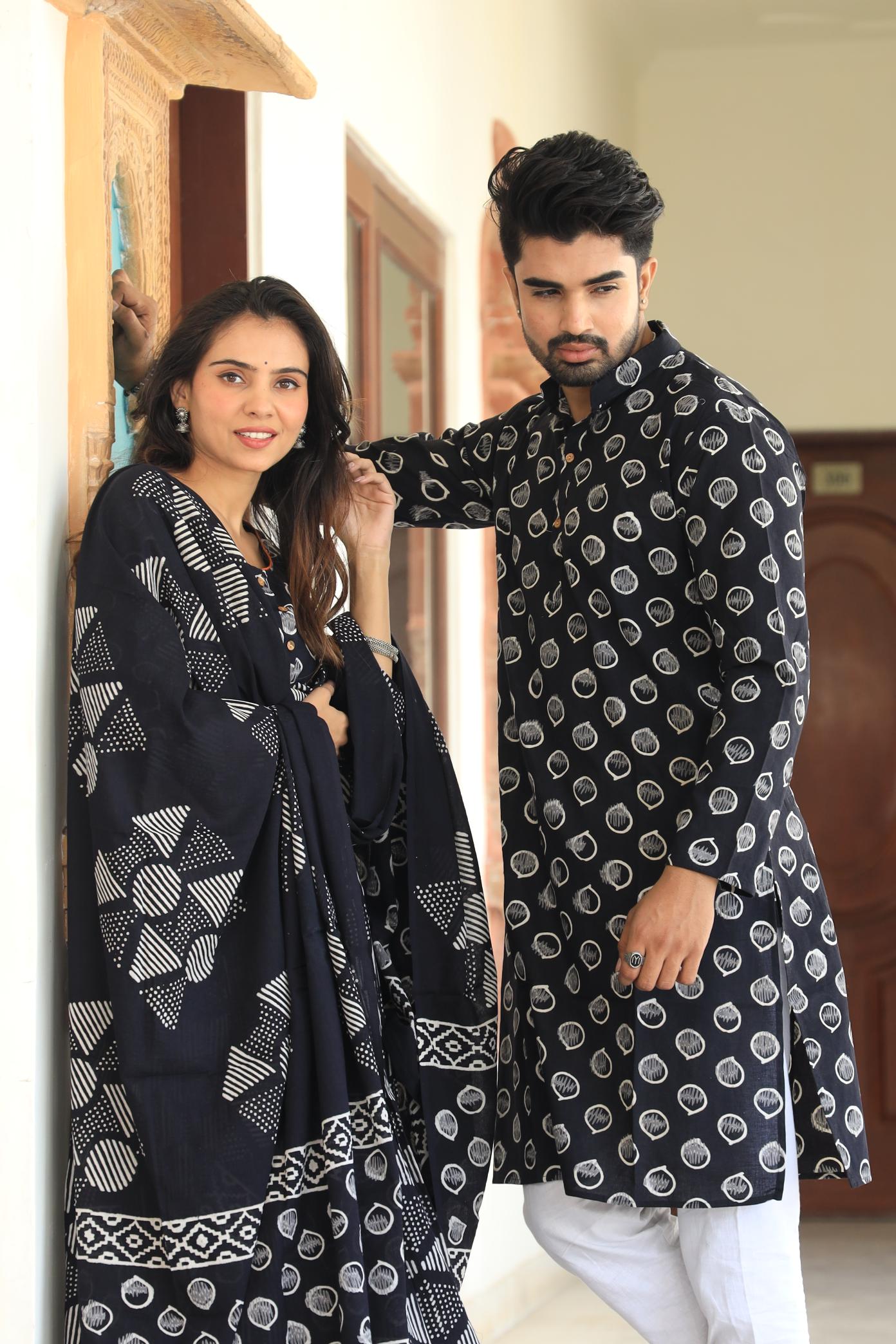 Onyx Geometric Cotton Chaniya Choli & Men’s Kurta Set