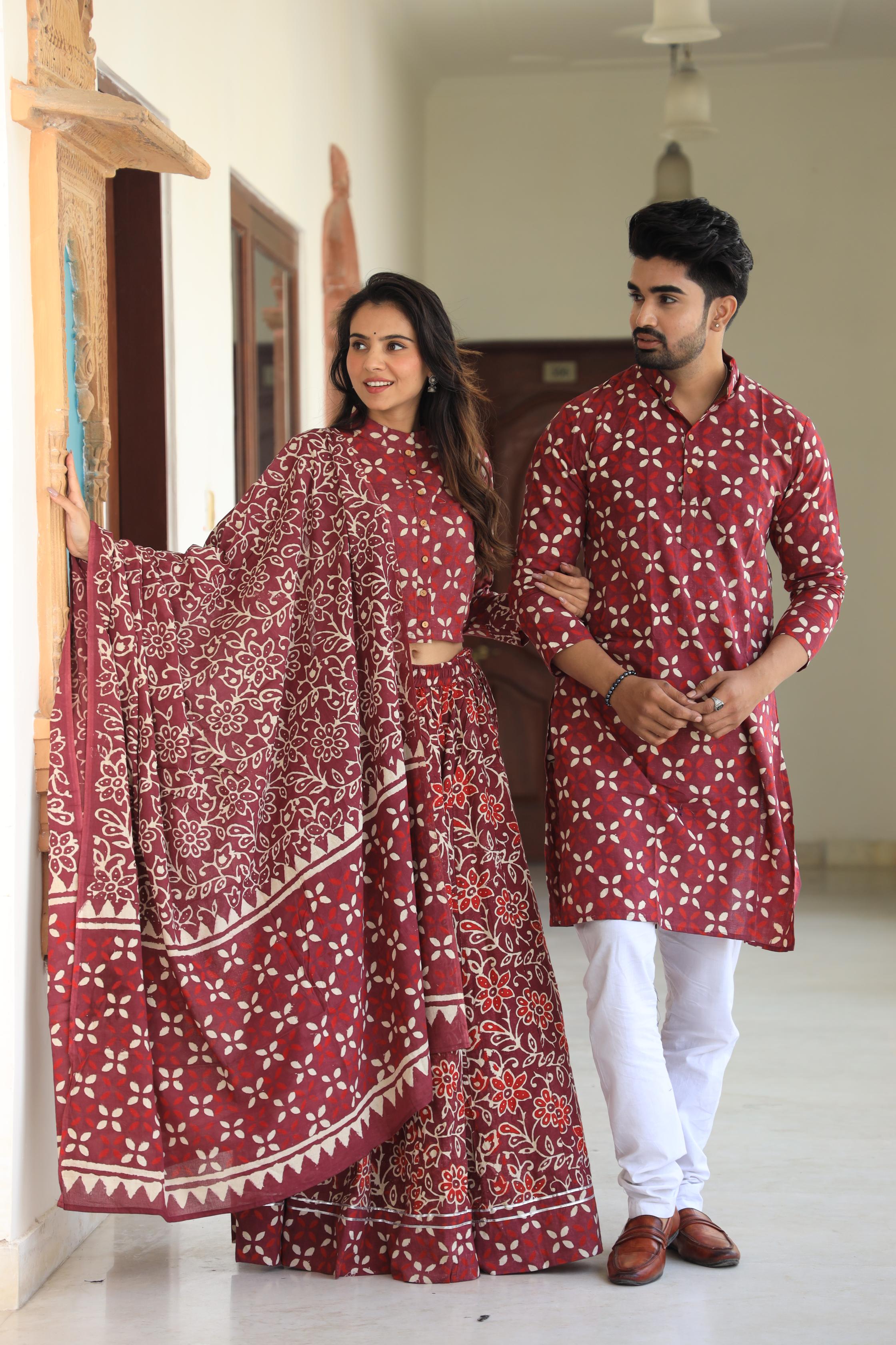 Maroon Petal Geometric Cotton Chaniya Choli & Men's Kurta Set