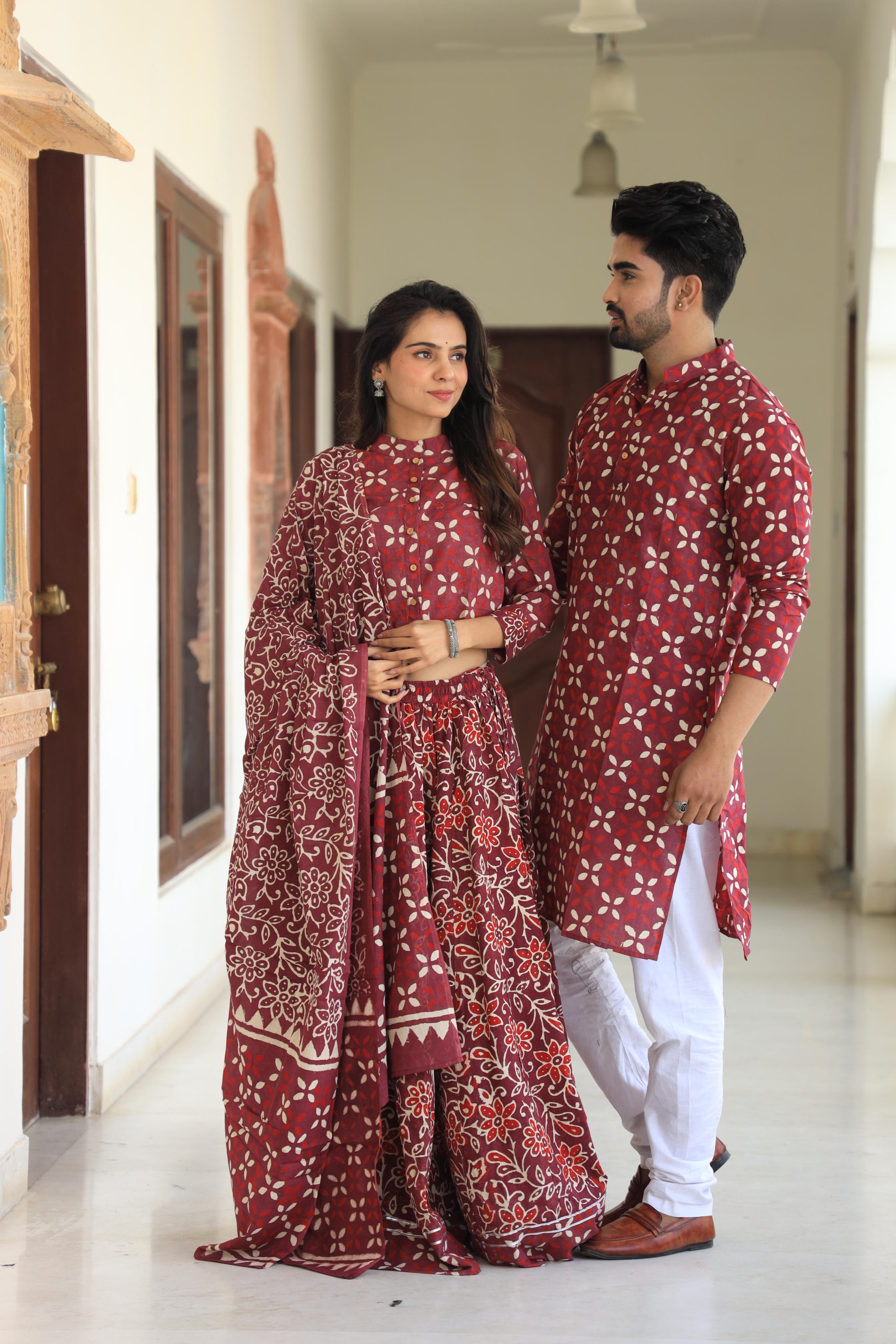 Maroon Petal Geometric Cotton Chaniya Choli & Men's Kurta Set