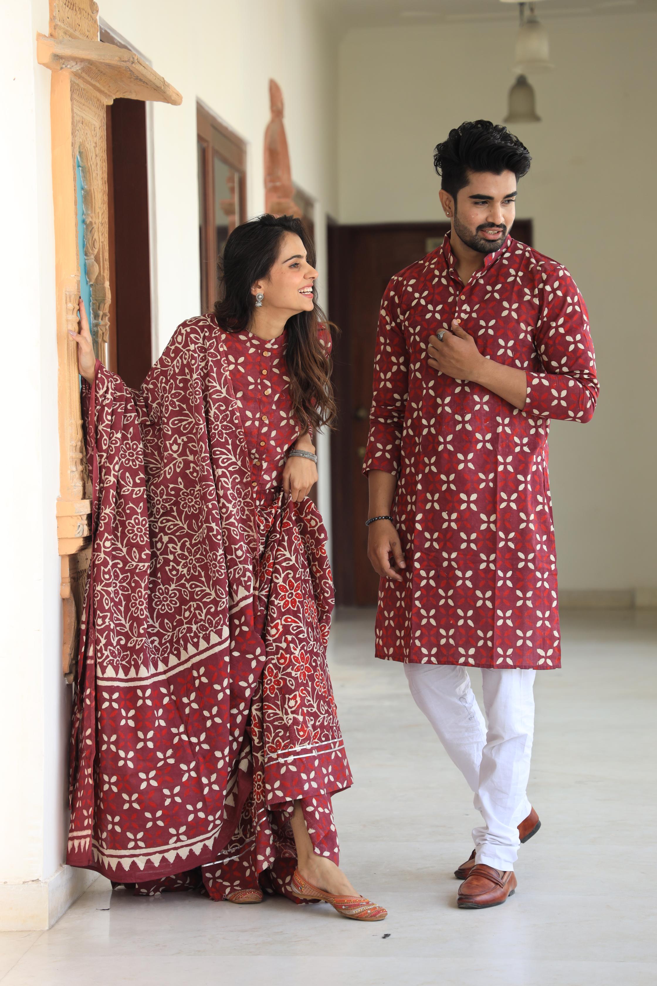 Maroon Petal Geometric Cotton Chaniya Choli & Men's Kurta Set
