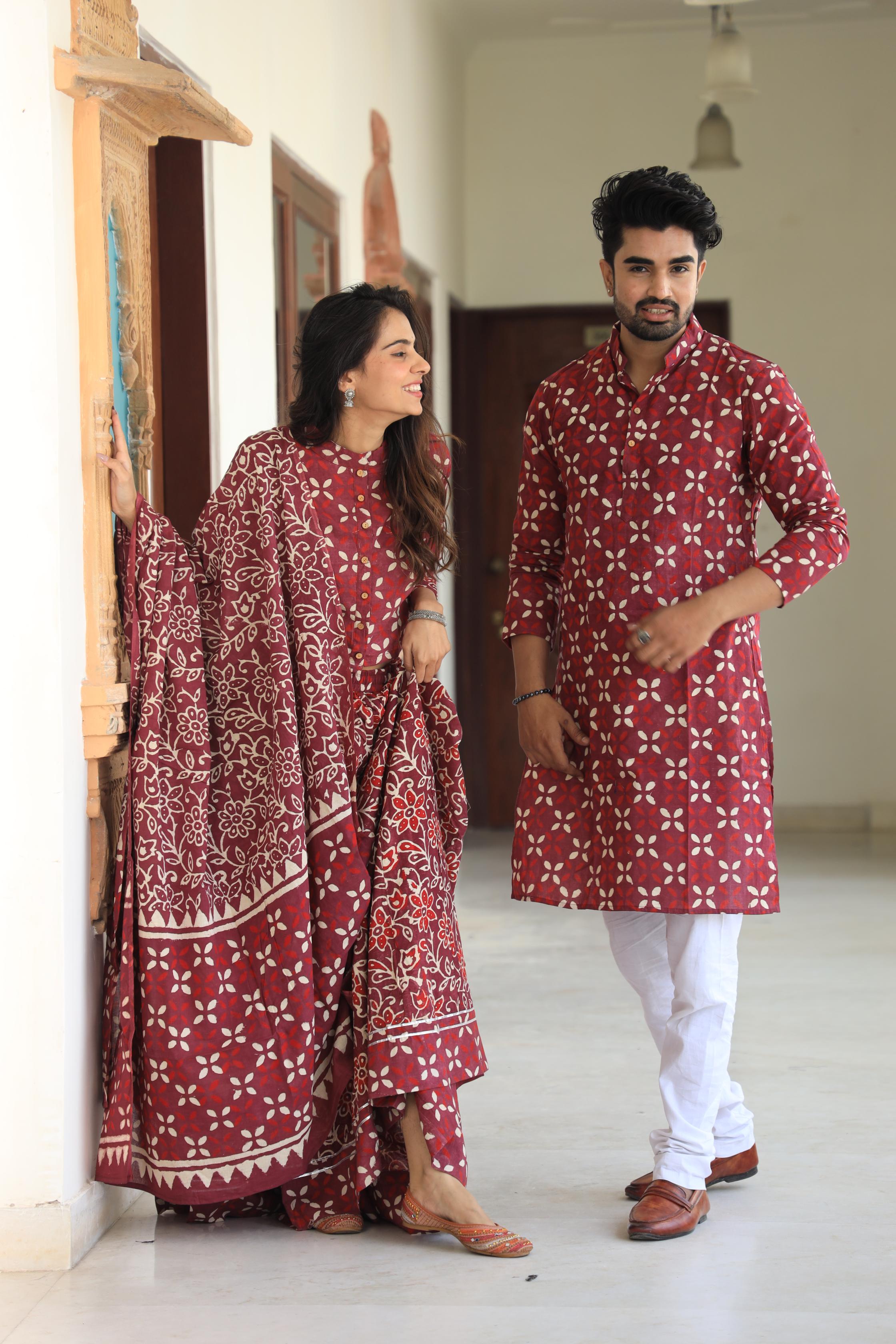 Maroon Petal Geometric Cotton Chaniya Choli & Men's Kurta Set