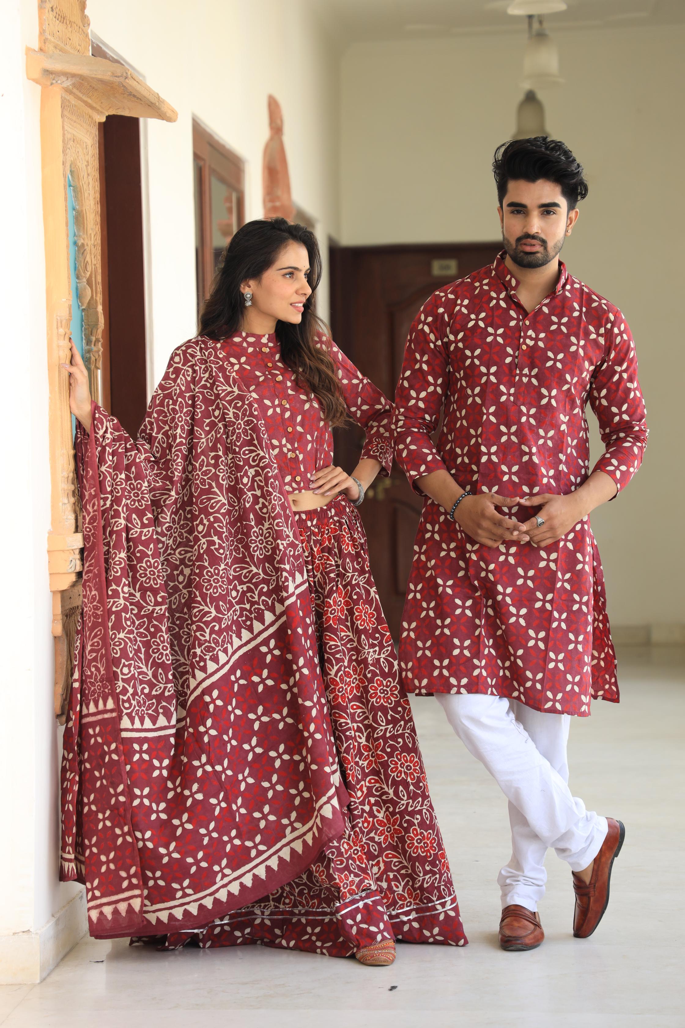 Maroon Petal Geometric Cotton Chaniya Choli & Men's Kurta Set