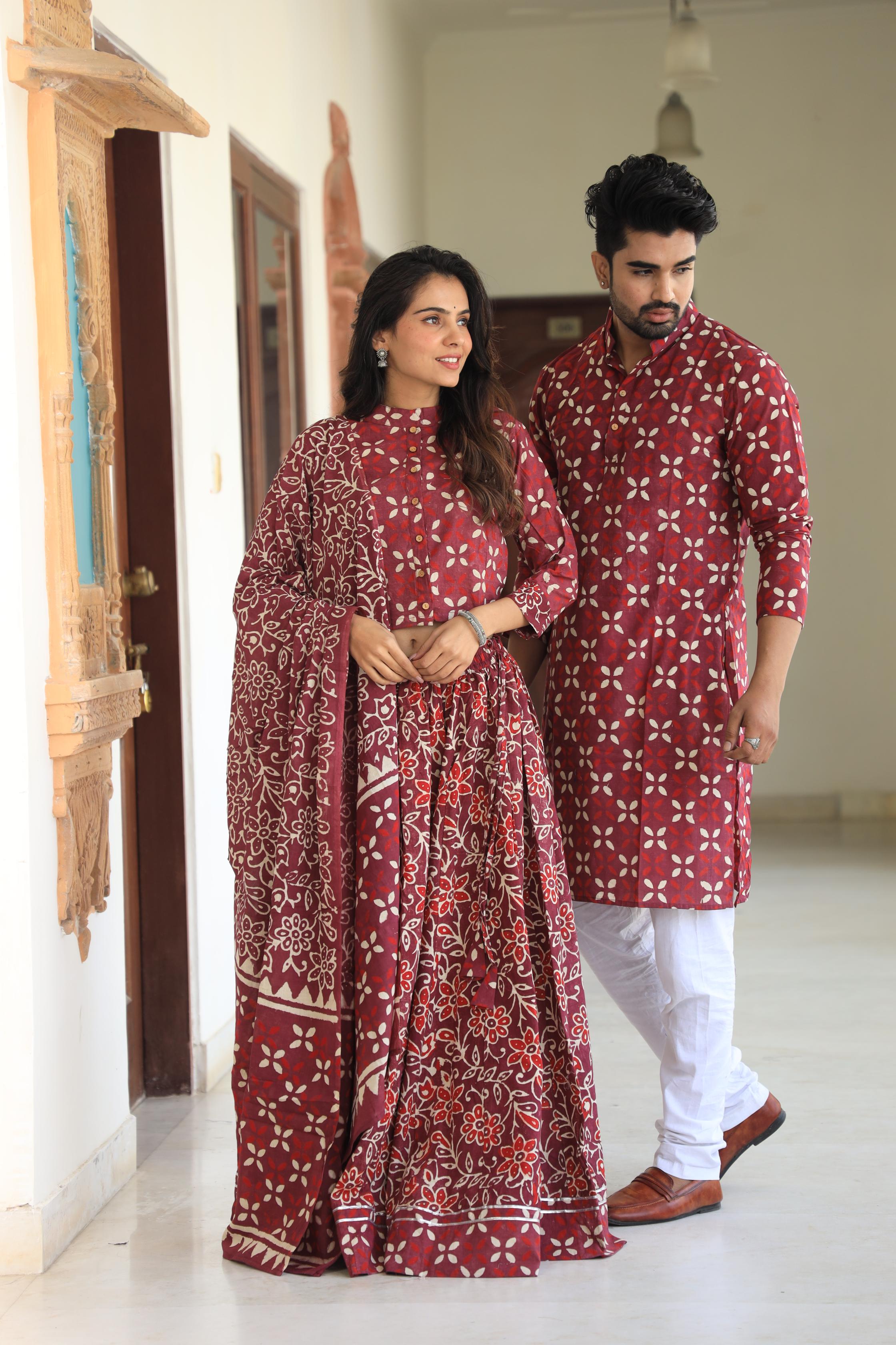 Maroon Petal Geometric Cotton Chaniya Choli & Men's Kurta Set