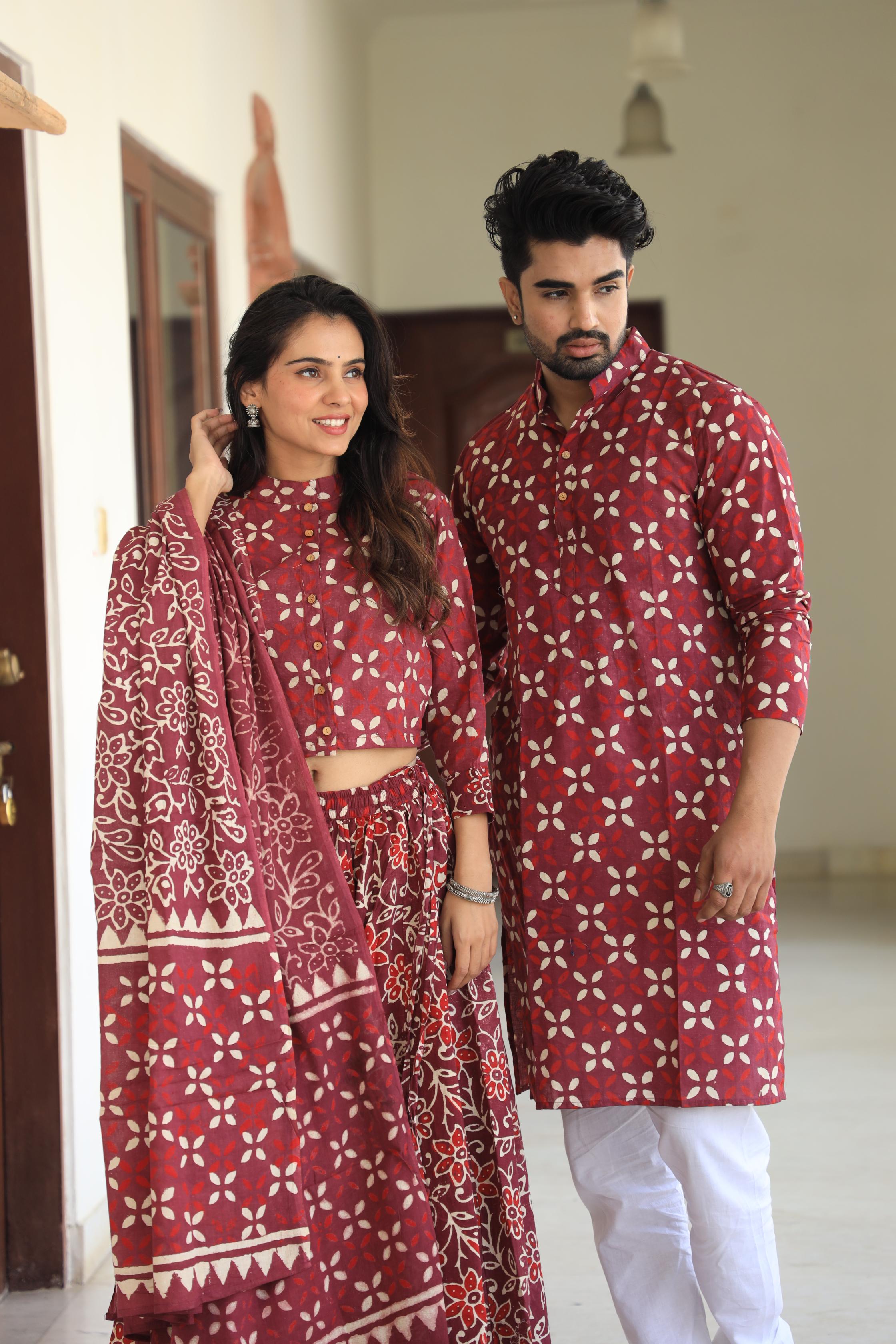 Maroon Petal Geometric Cotton Chaniya Choli & Men's Kurta Set