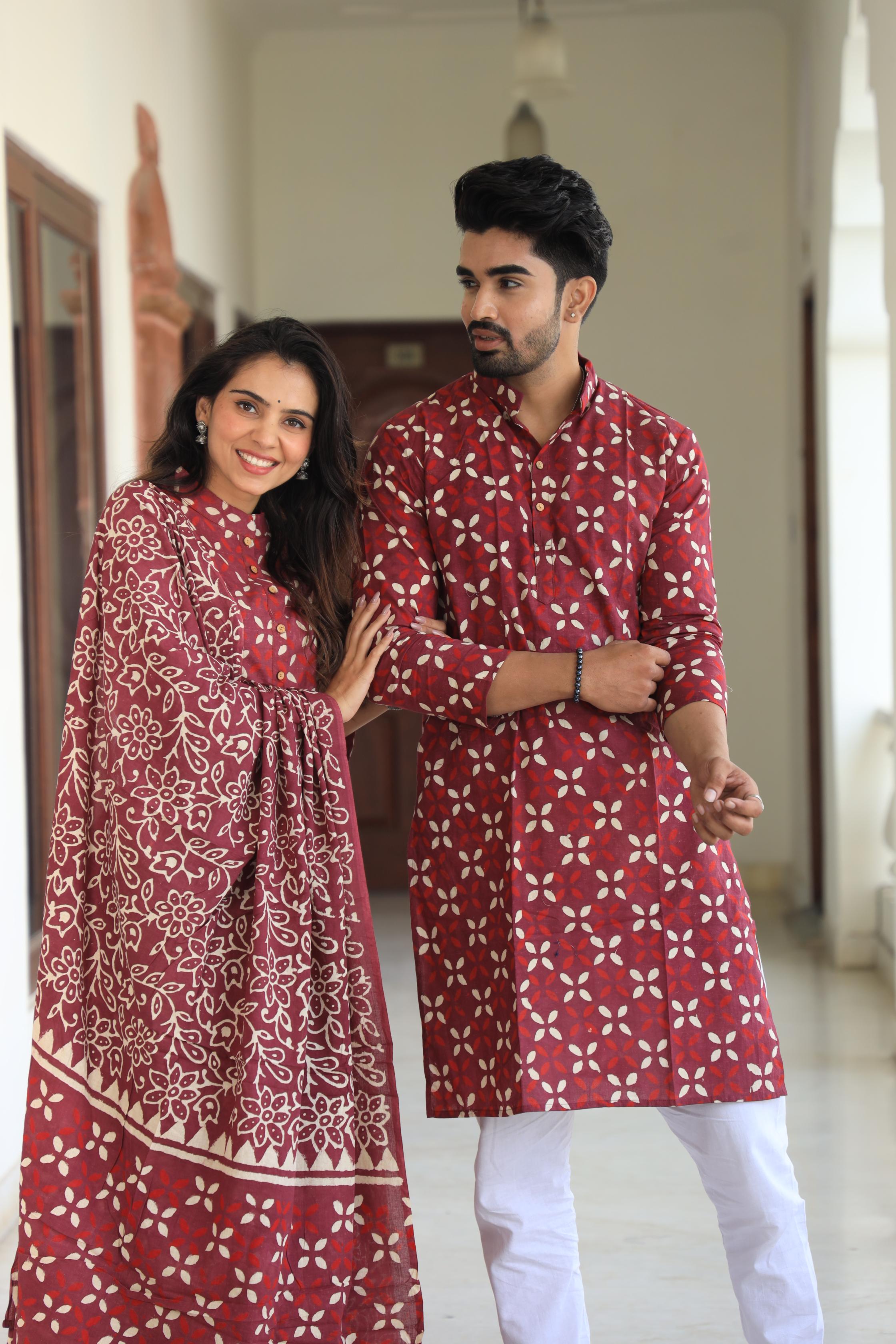 Maroon Petal Geometric Cotton Chaniya Choli & Men's Kurta Set