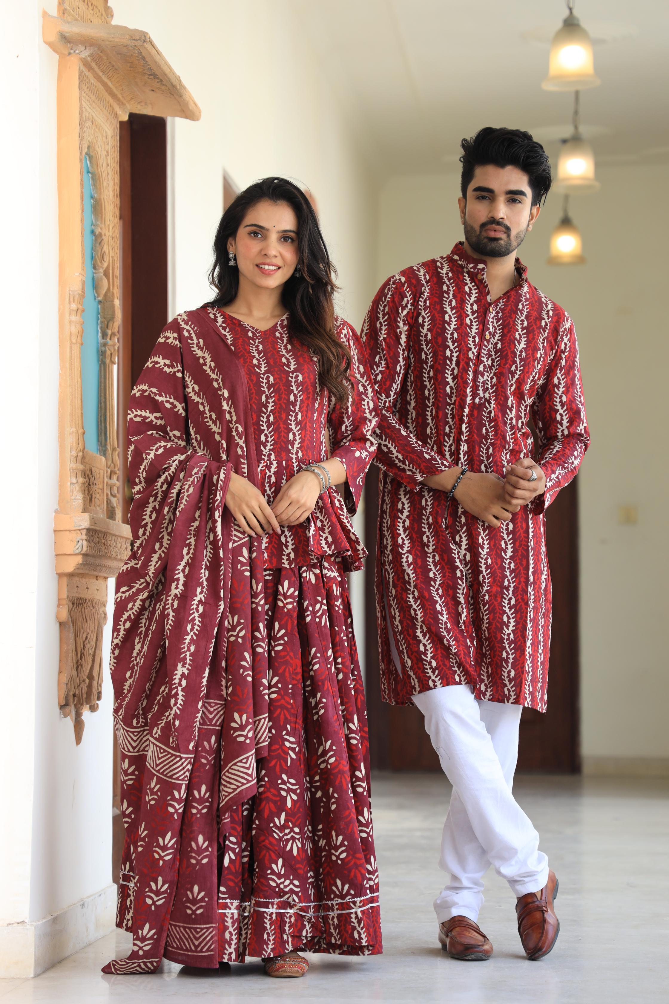 Terracotta Vine Block Print Cotton Chaniya Choli & Men's Kurta Set