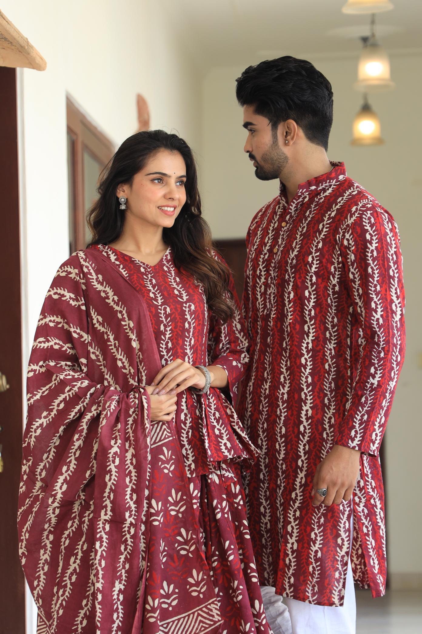 Terracotta Vine Block Print Cotton Chaniya Choli & Men's Kurta Set