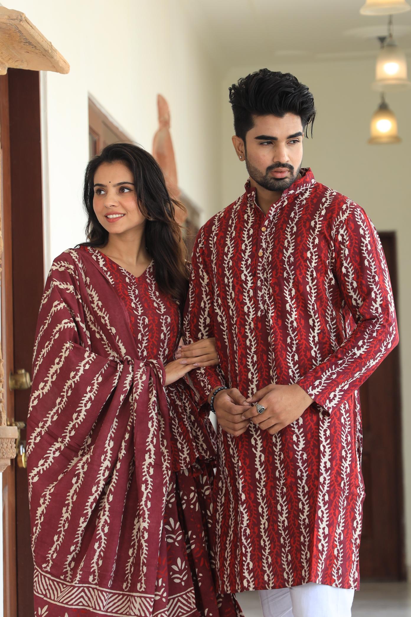 Terracotta Vine Block Print Cotton Chaniya Choli & Men's Kurta Set