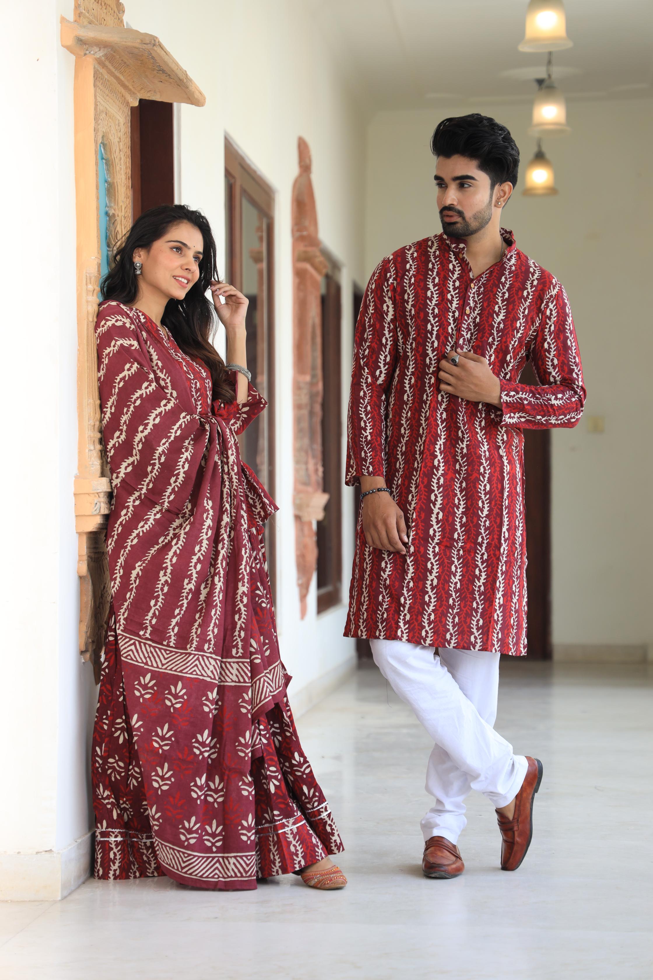 Terracotta Vine Block Print Cotton Chaniya Choli & Men's Kurta Set