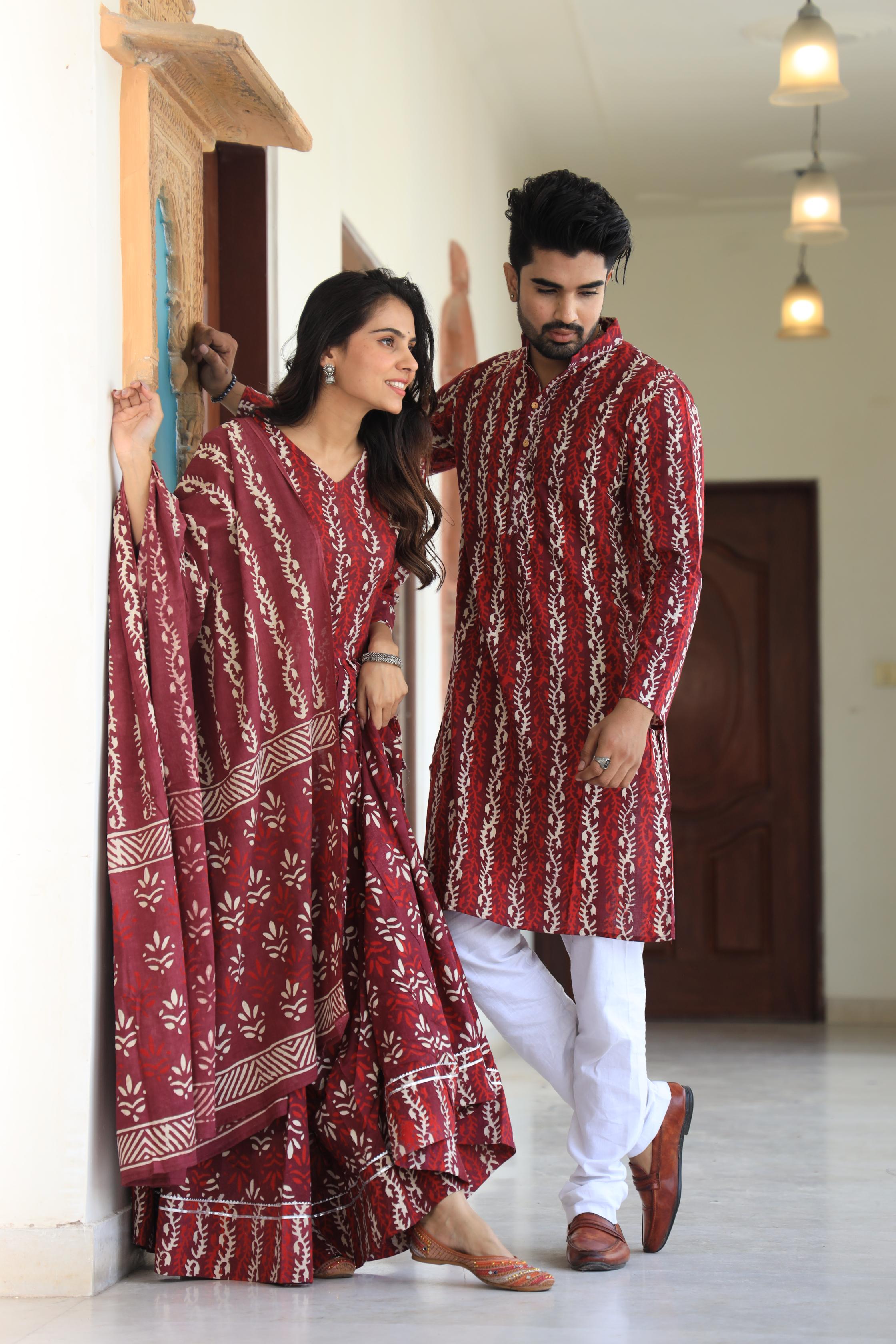 Terracotta Vine Block Print Cotton Chaniya Choli & Men's Kurta Set