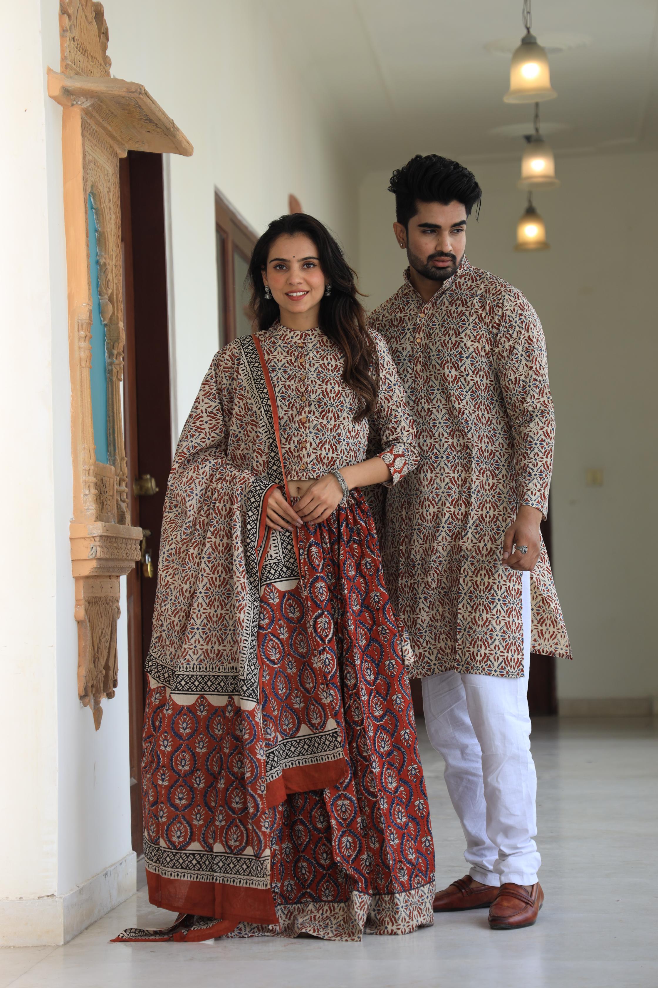 Handprinted Cotton Chaniya Choli & Men’s Kurta Pajama Couple Set