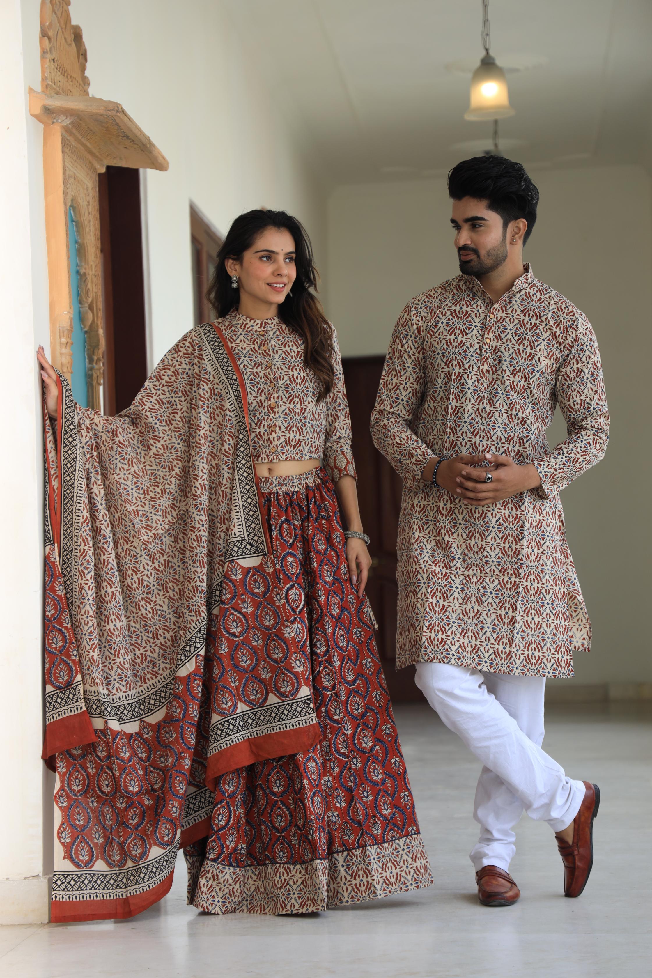 Handprinted Cotton Chaniya Choli & Men’s Kurta Pajama Couple Set