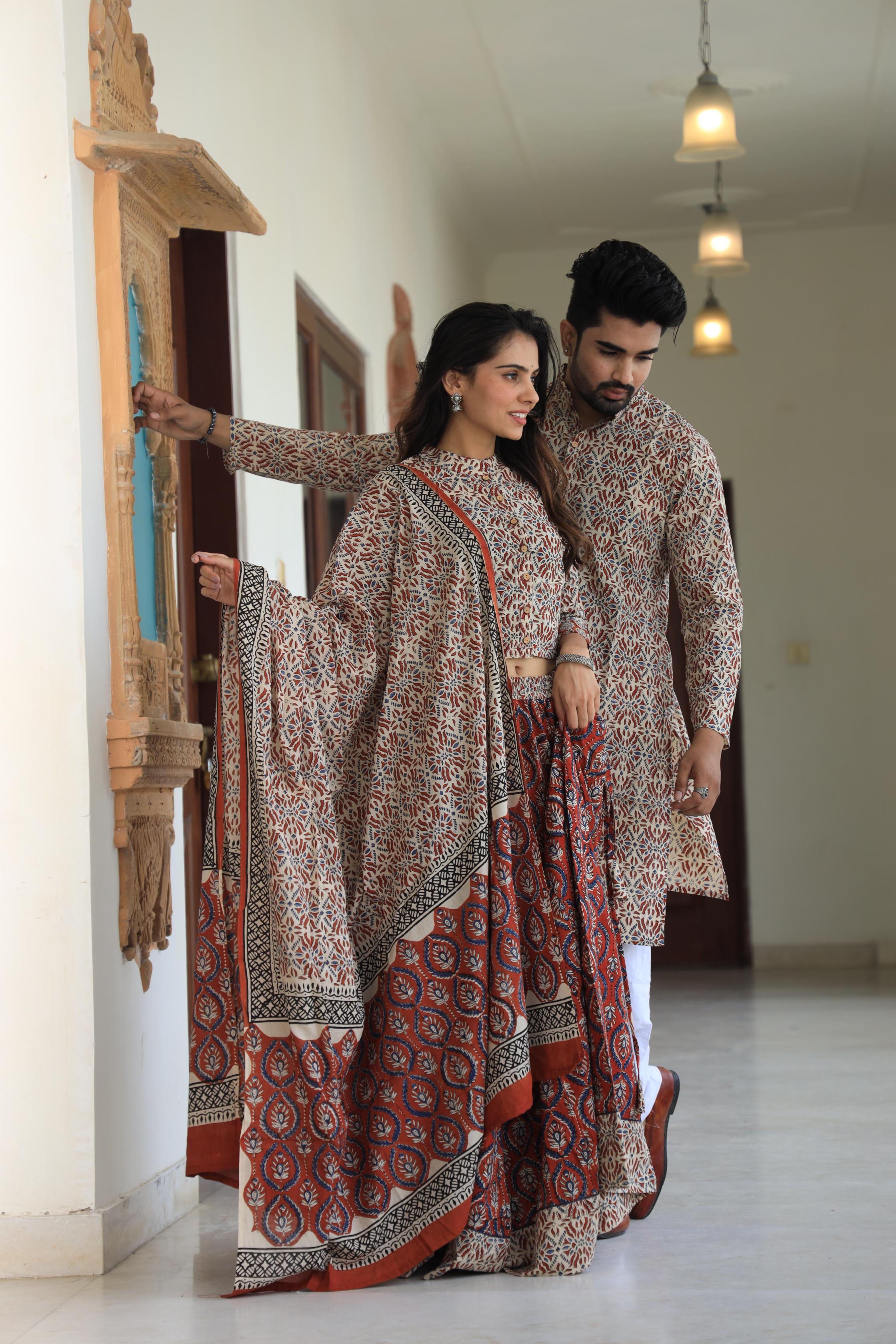 Handprinted Cotton Chaniya Choli & Men’s Kurta Pajama Couple Set