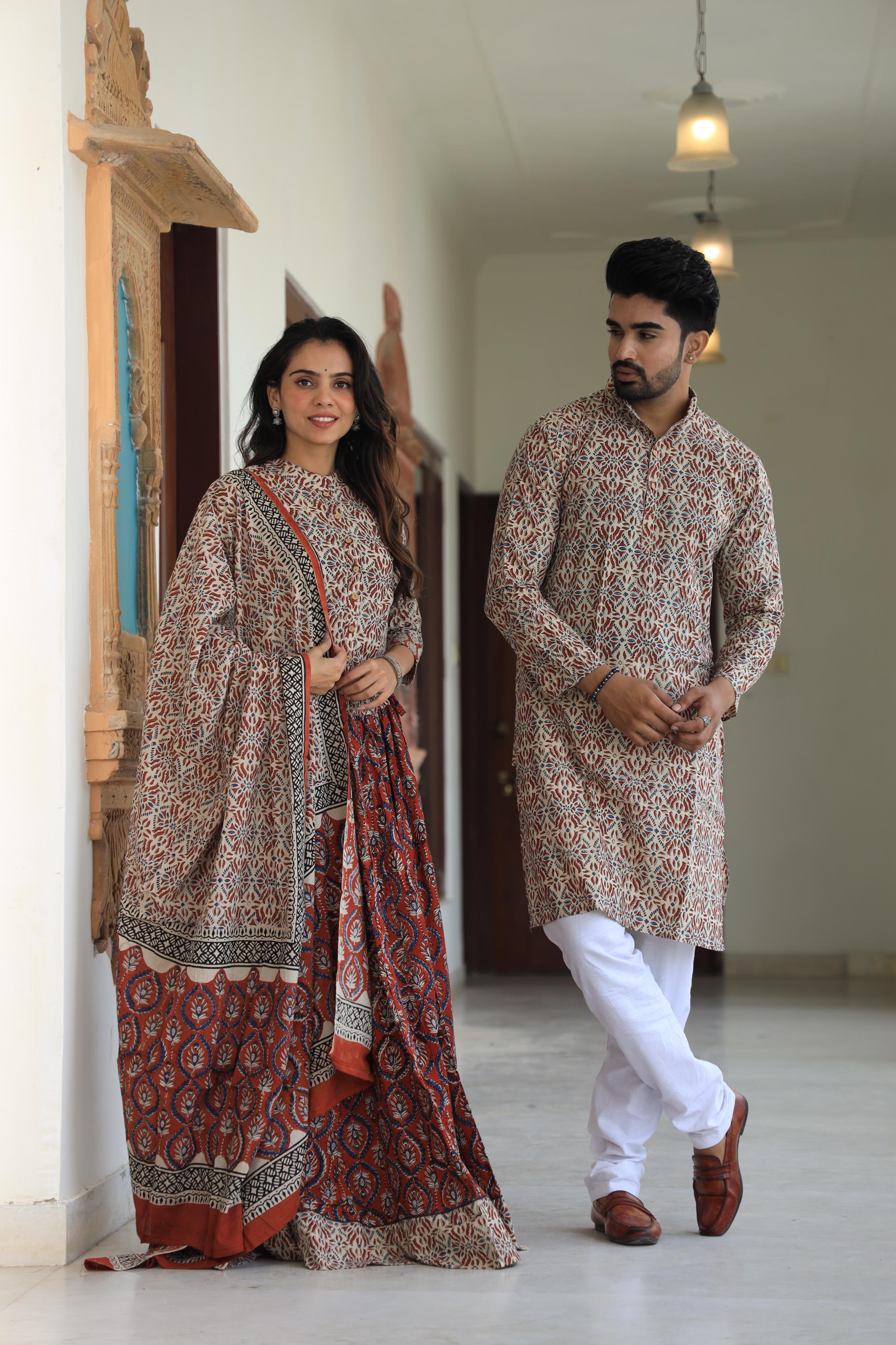Handprinted Cotton Chaniya Choli & Men’s Kurta Pajama Couple Set