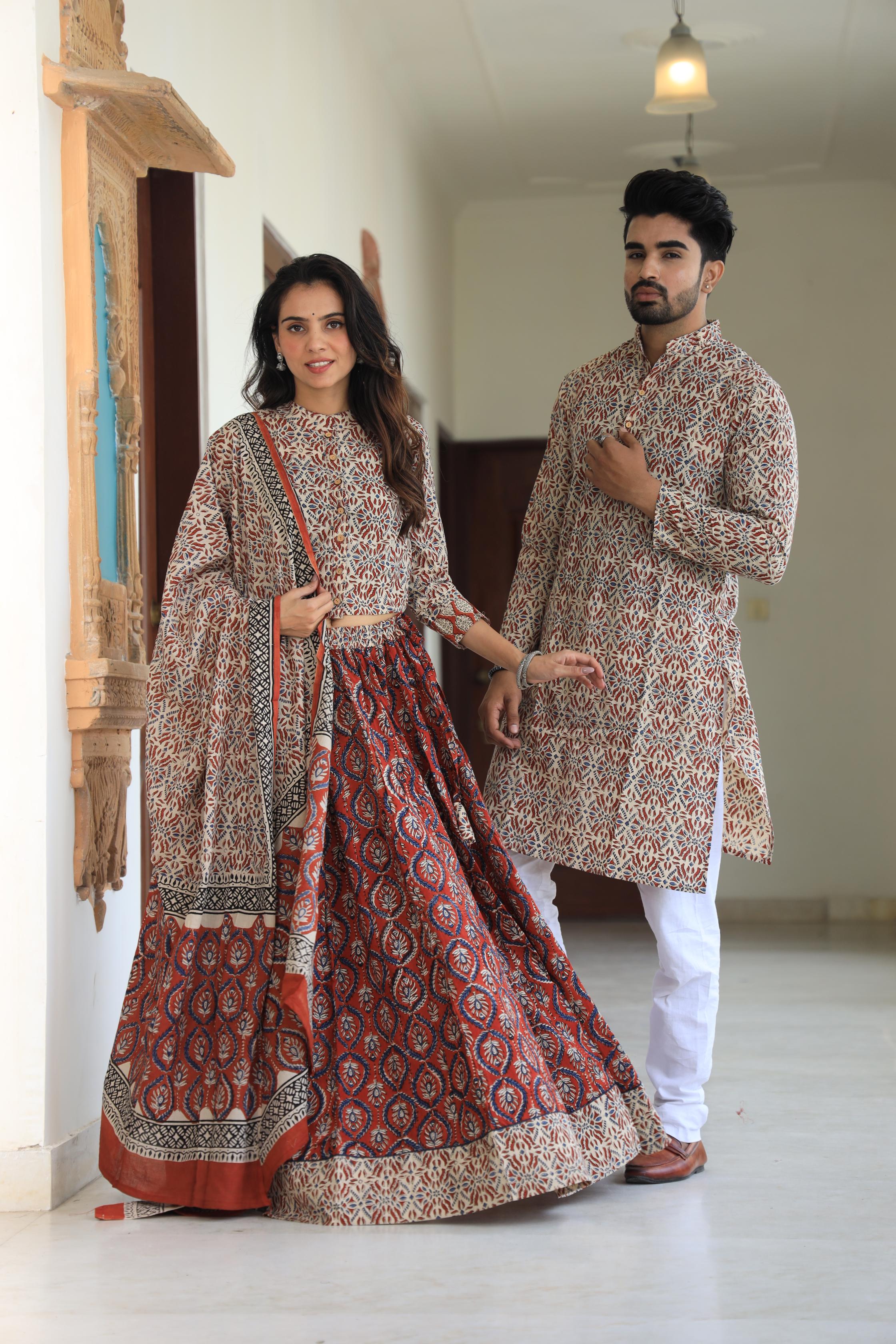 Handprinted Cotton Chaniya Choli & Men’s Kurta Pajama Couple Set